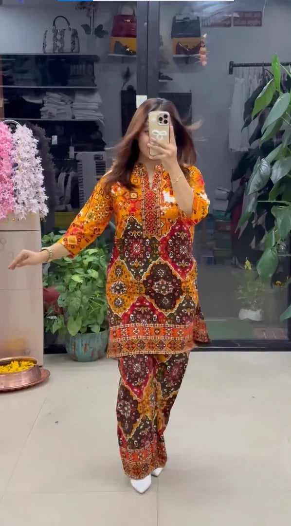 Women's Premium Orange Ethnic Printed Kurta Pant Set