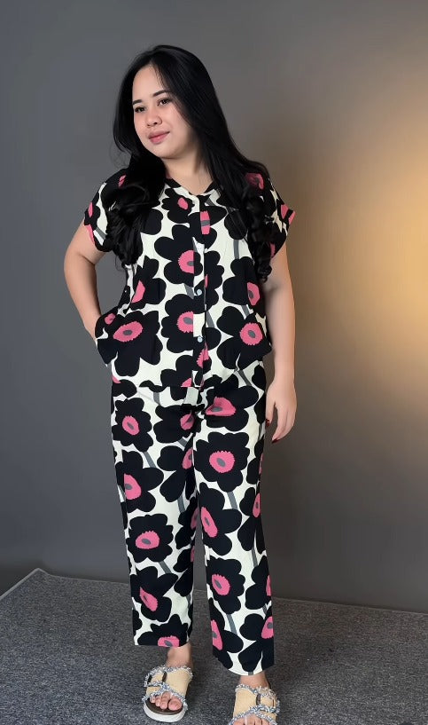 Premium Black Floral Printed Rayon Co-Ord Set