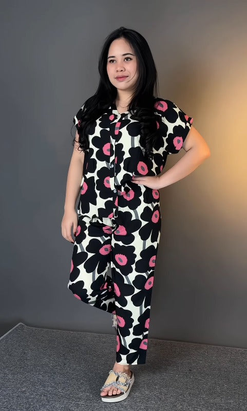 Premium Black Floral Printed Rayon Co-Ord Set