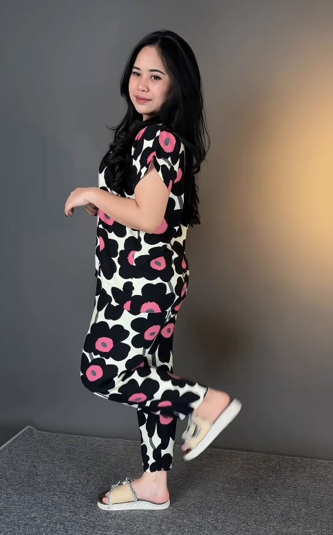Premium Black Floral Printed Rayon Co-Ord Set