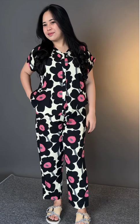 Premium Black Floral Printed Rayon Co-Ord Set