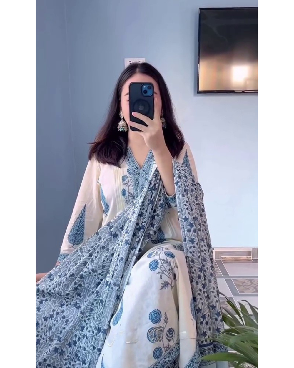 Ivory & Blue Floral Printed Kurta Set with Matching Dupatta
