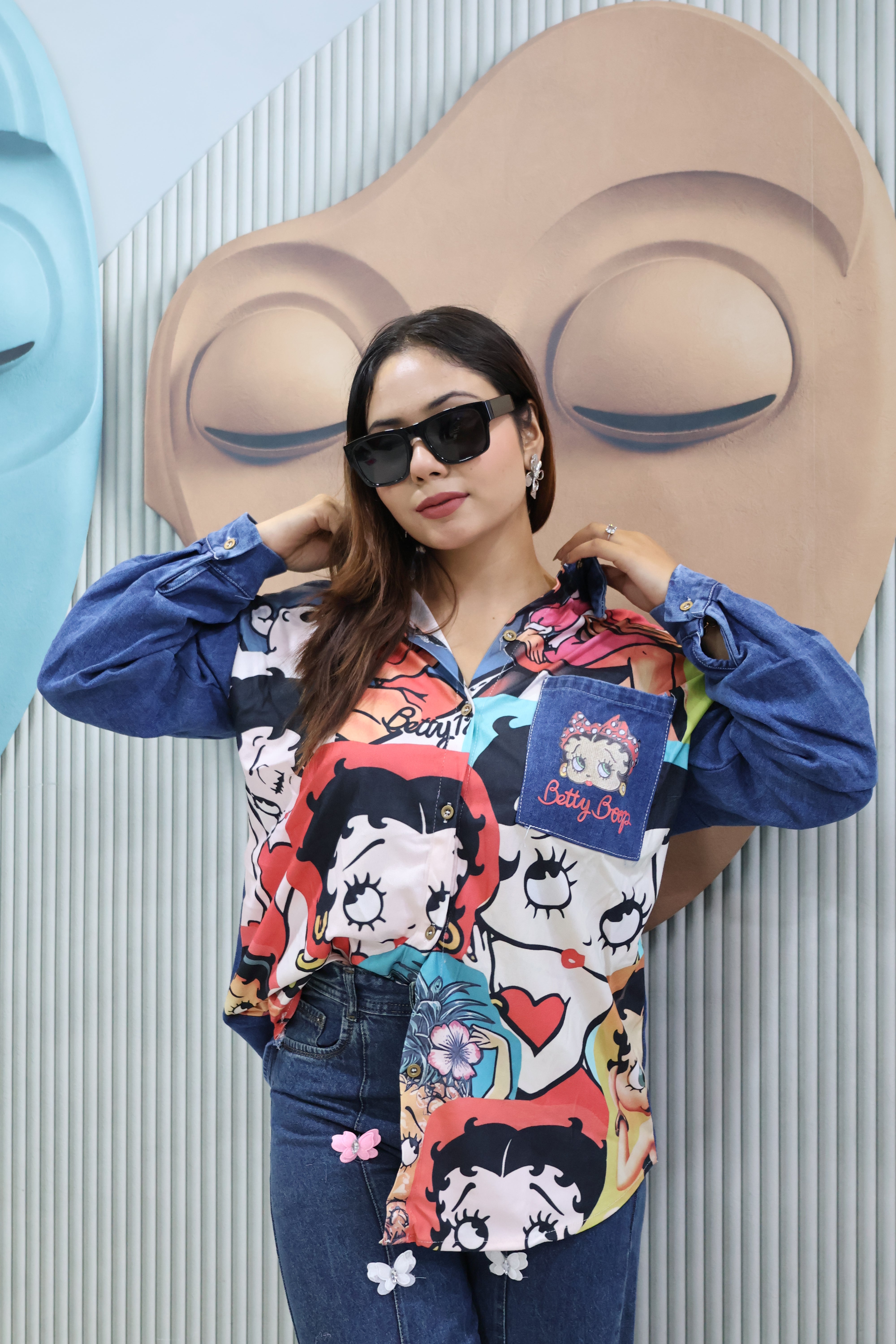 Cartoon rubber Print Denim Patch Shirt | Trendy Casual Wear Top