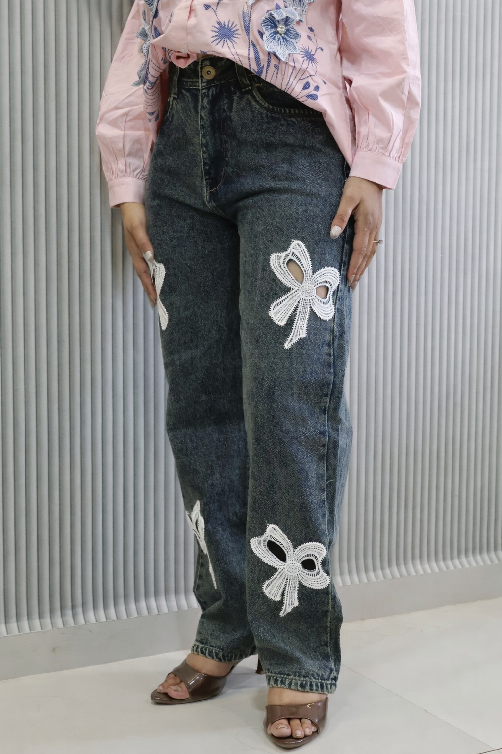 High-Waist Relaxed Straight Fit Embroidered Denim – Dark Blue (Non-Stretch)