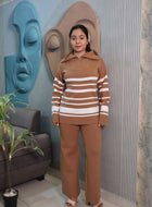 Woolen Knit Co-Ord Set with Striped High Neck Top