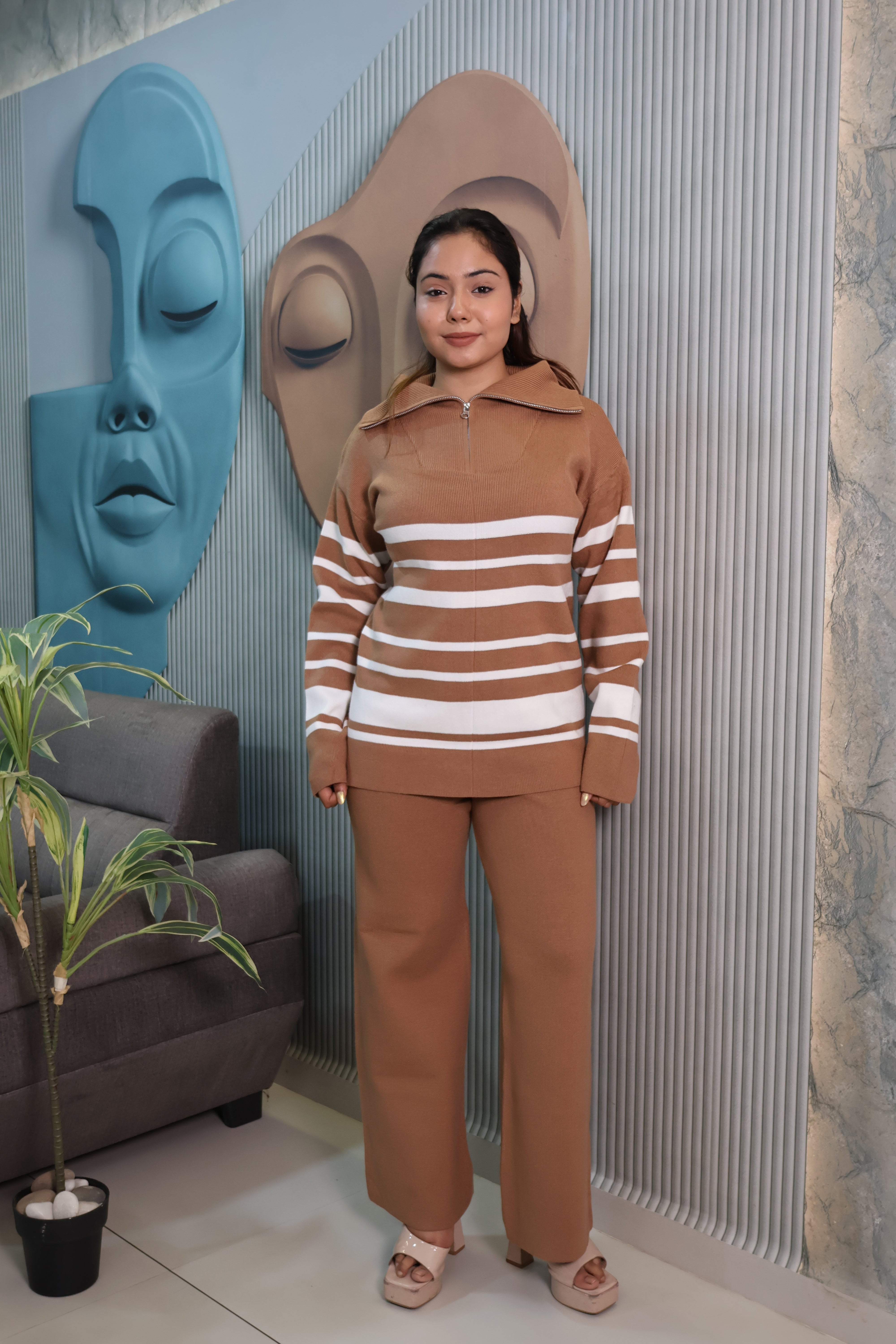 Woolen Knit Co-Ord Set with Striped High Neck Top
