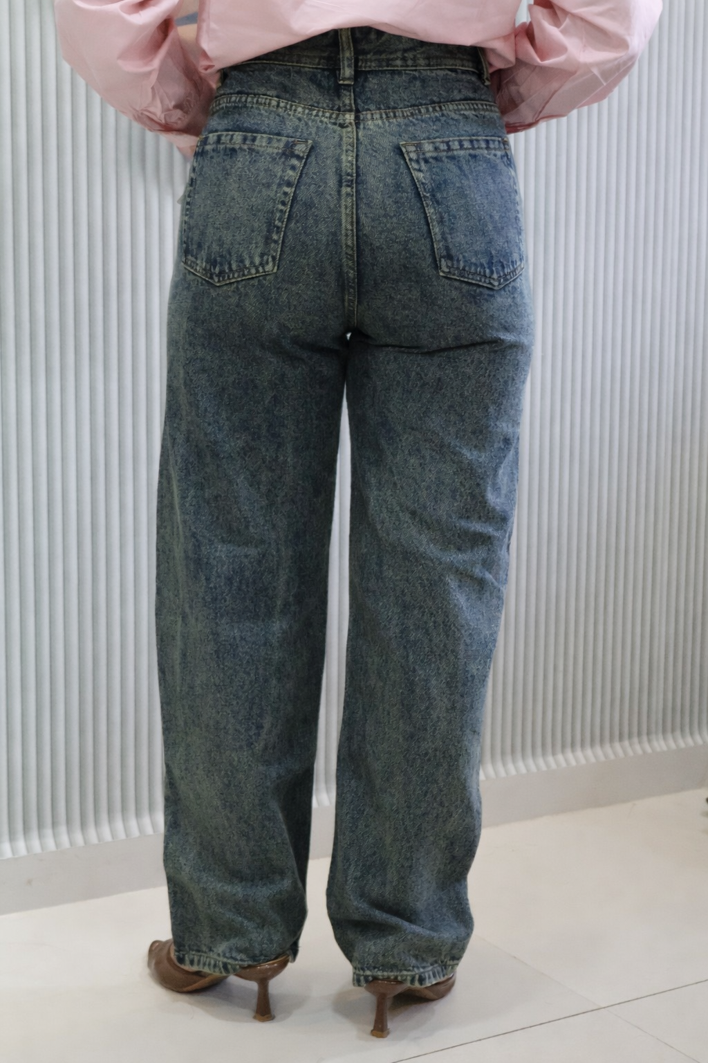 High-Waist Relaxed Straight Fit Embroidered Denim – Dark Blue (Non-Stretch)