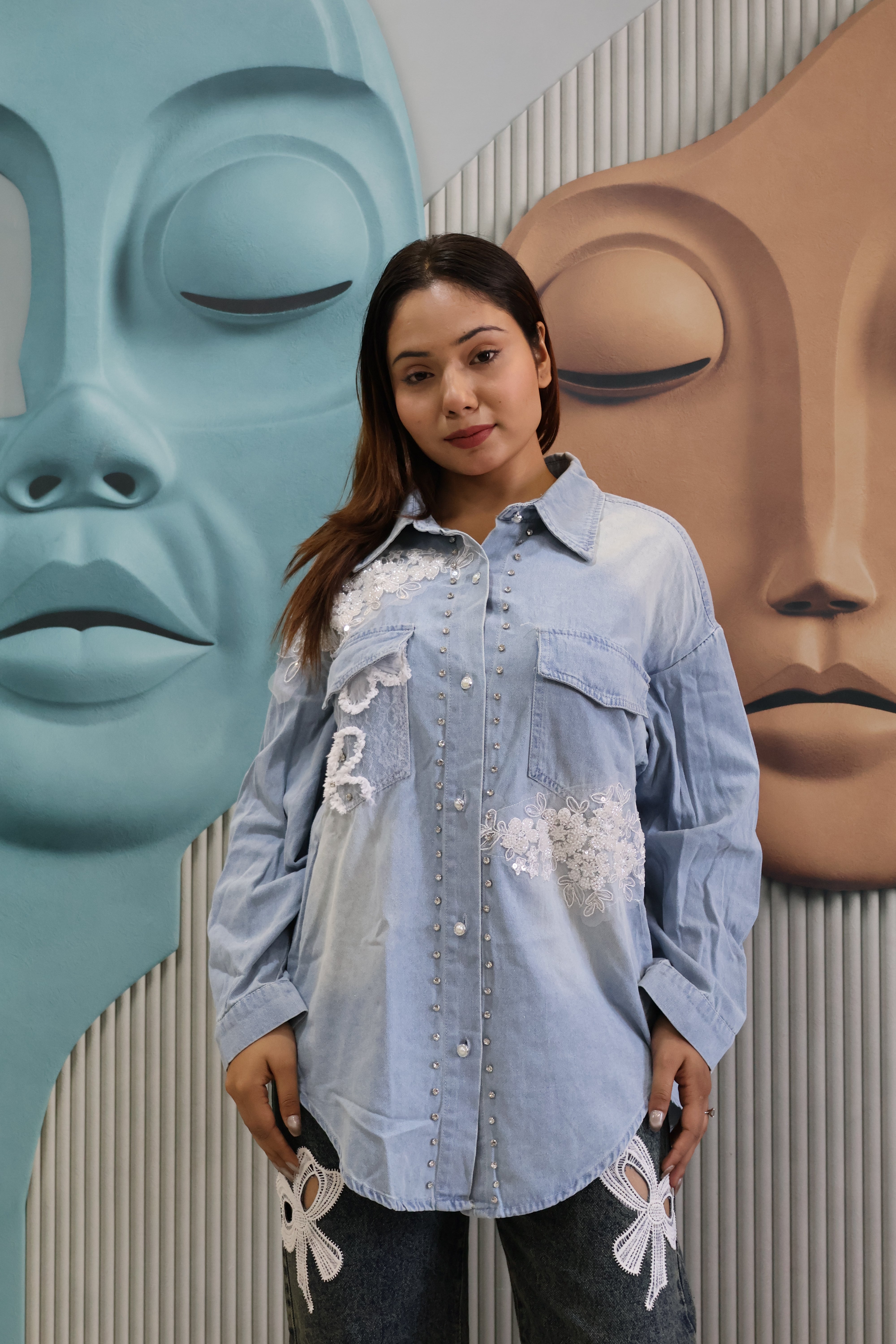 Light Blue Denim Shacket with Lace Applique & Stud Detailing | Jacket-Style Shirt