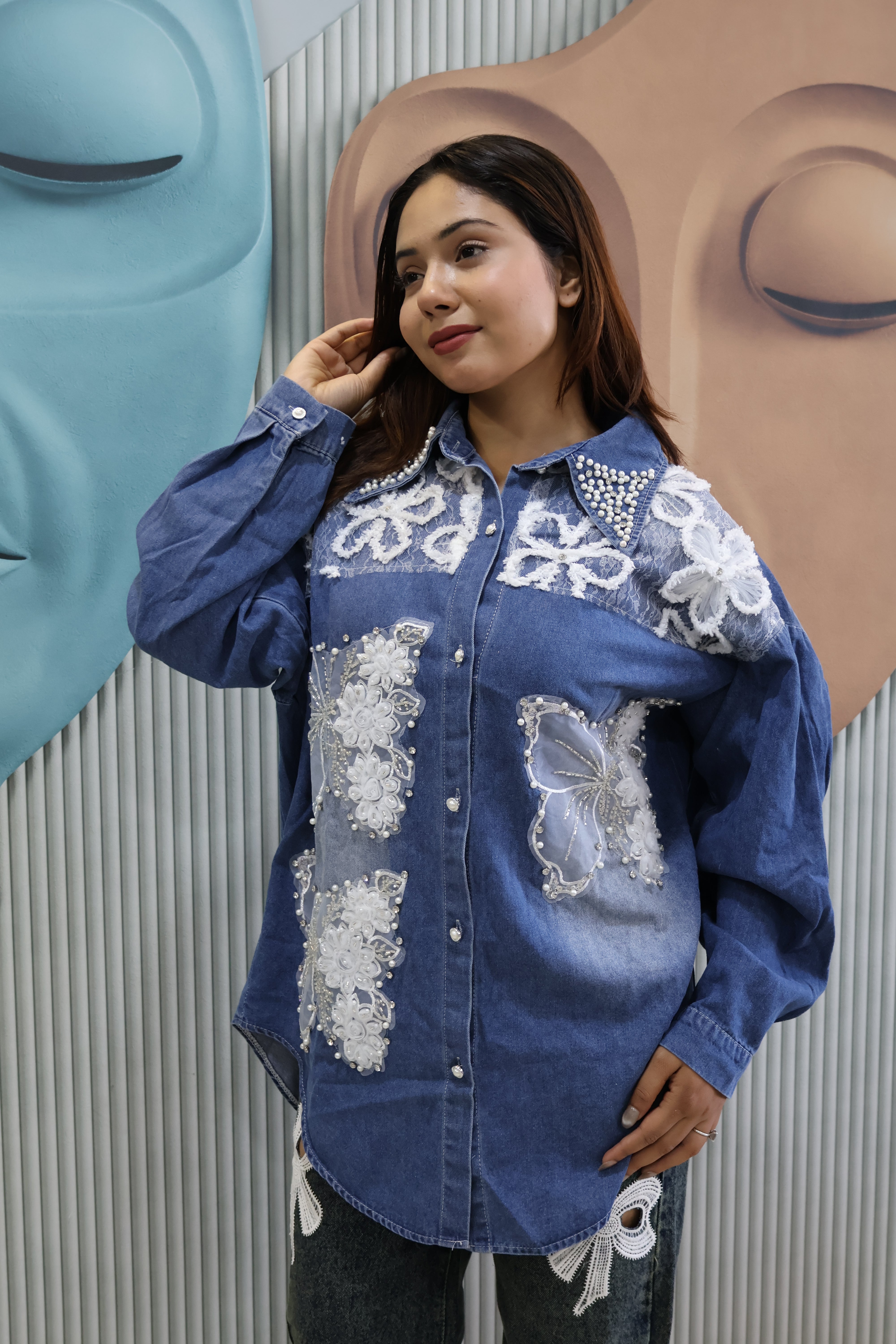 Denim Shacket with Butterfly Applique & Pearl Detailing | Designer Jacket-Style Shirt