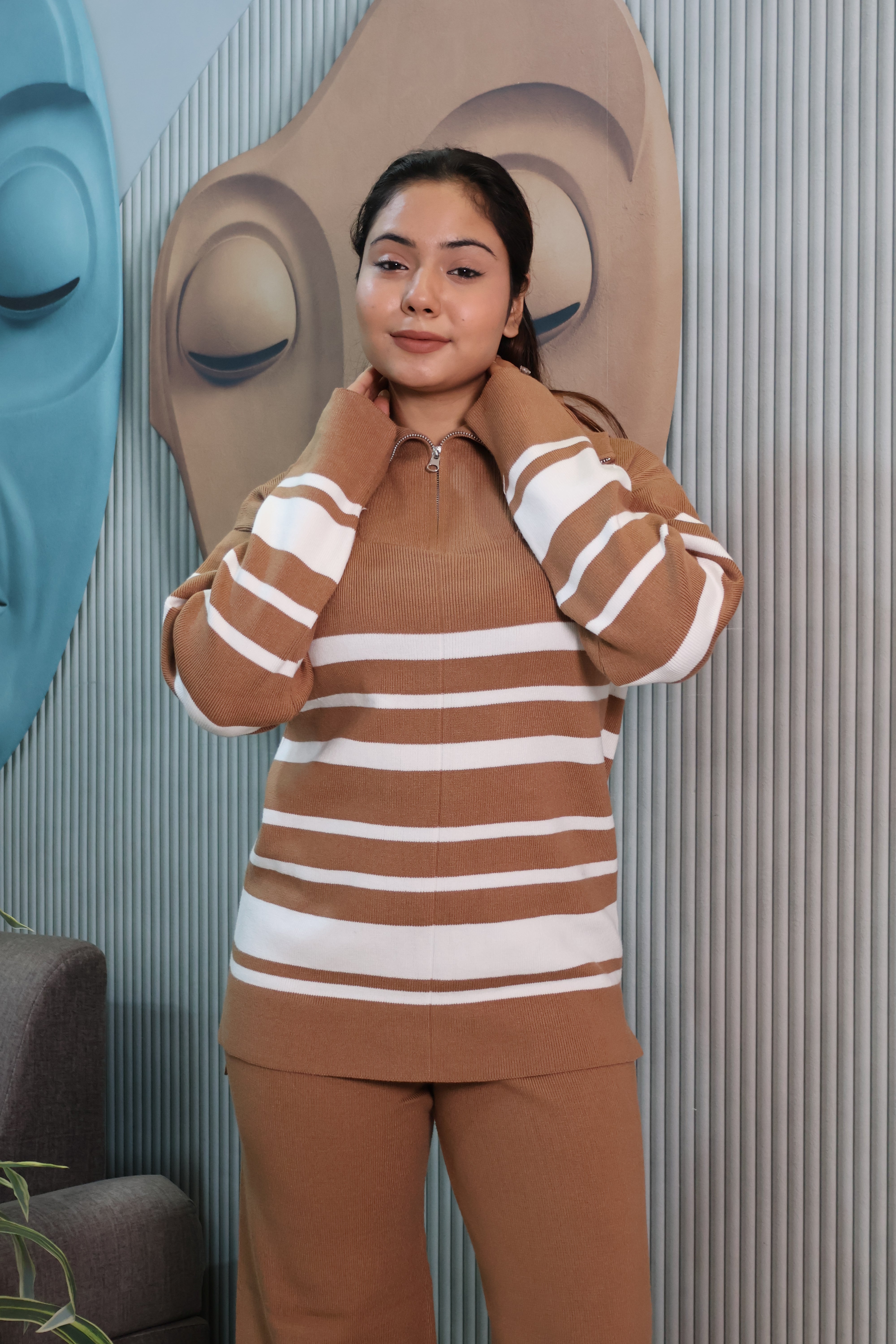 Woolen Knit Co-Ord Set with Striped High Neck Top