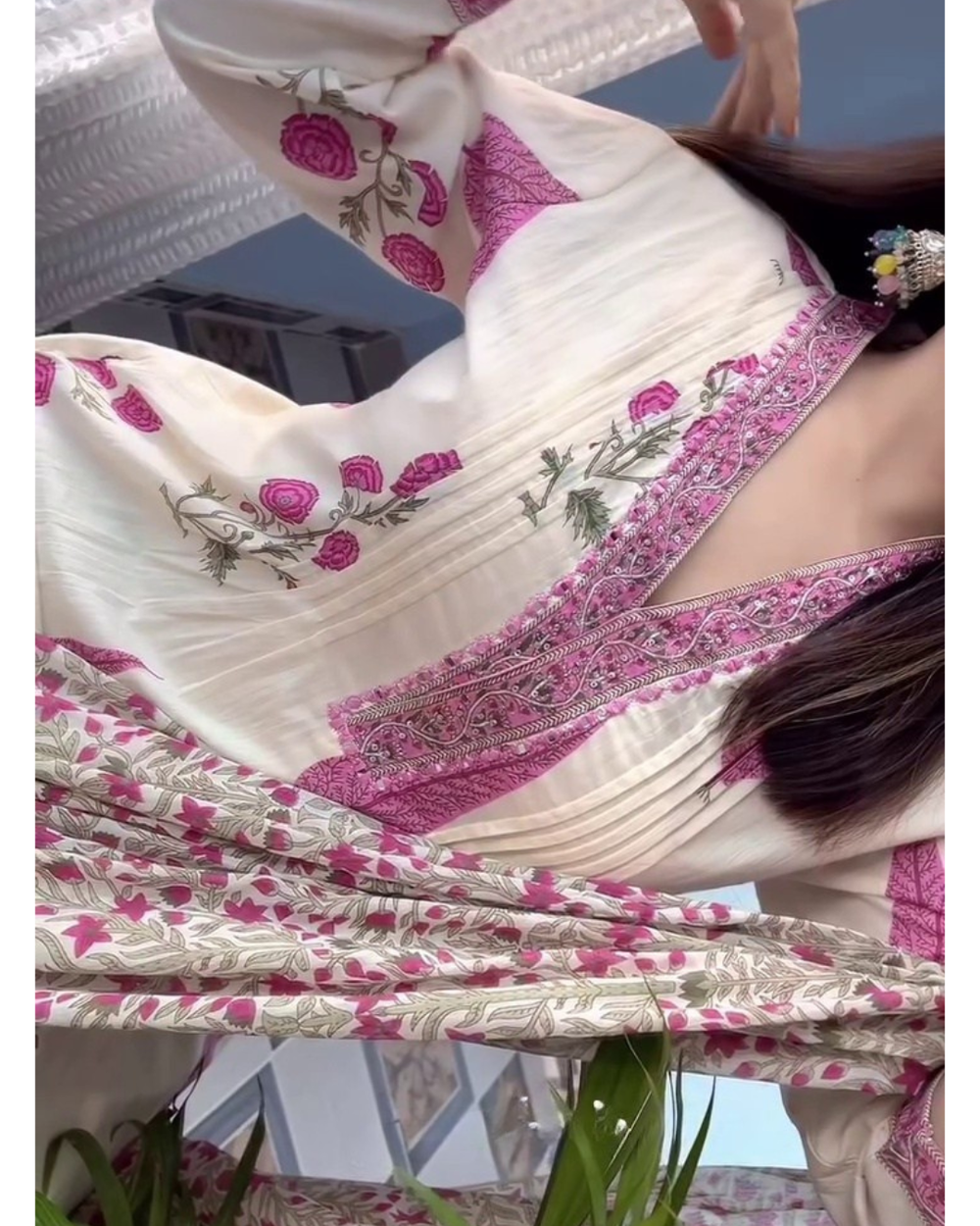 Ivory & Pink Floral Printed Kurta Set with Matching Dupatta
