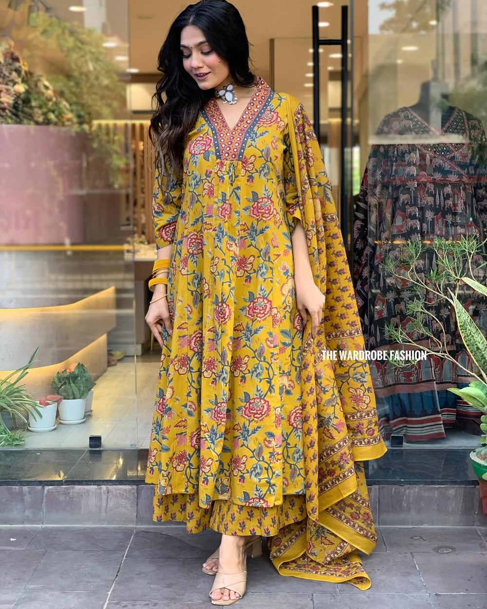Printed Cotton Anarkali Kurta & Pant With Dupatta Set