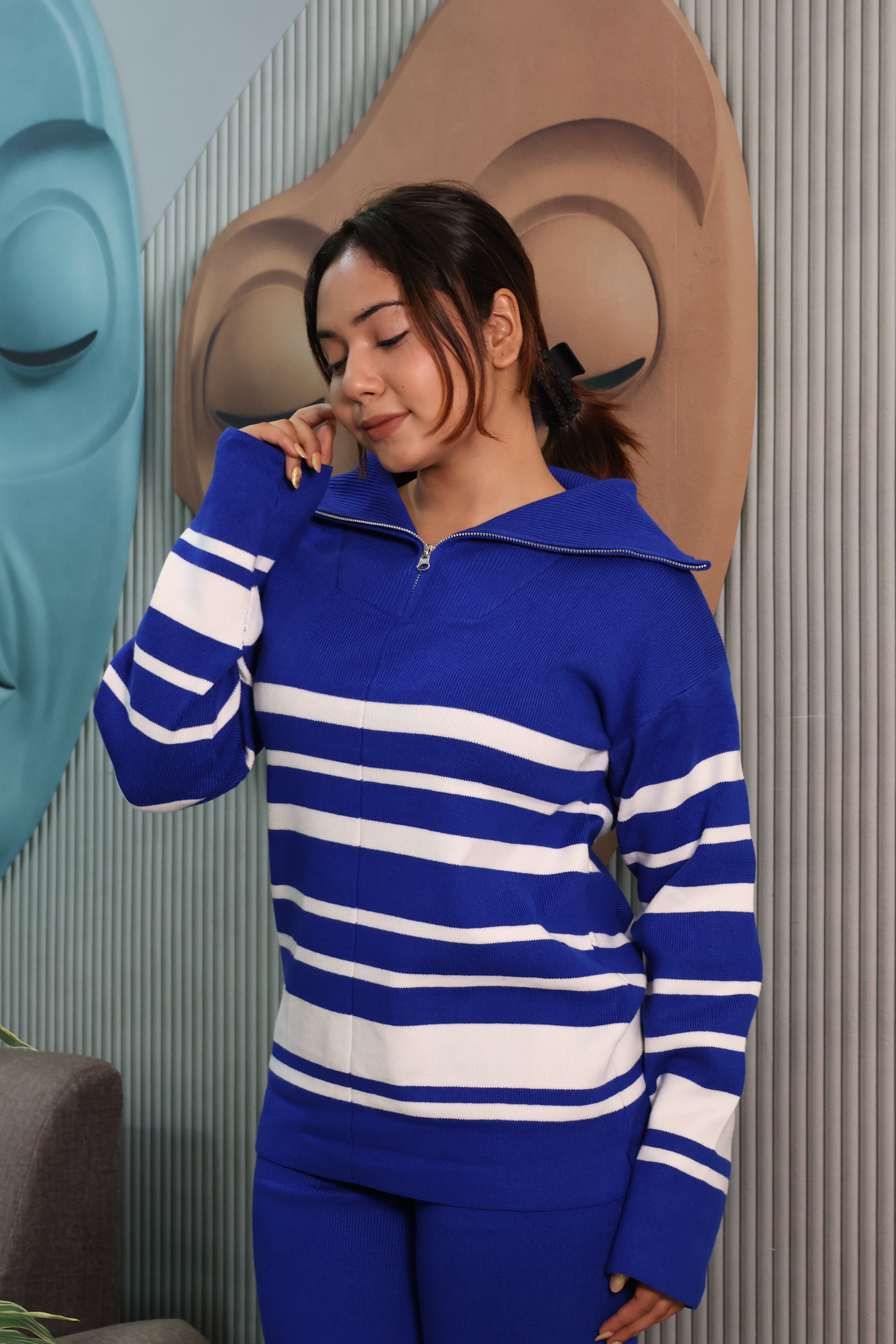 Woolen Knit Co-Ord Set with Striped High Neck Top