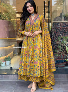 Women's Printed Cotton Anarkali Kurta & Pant With Dupatta Set