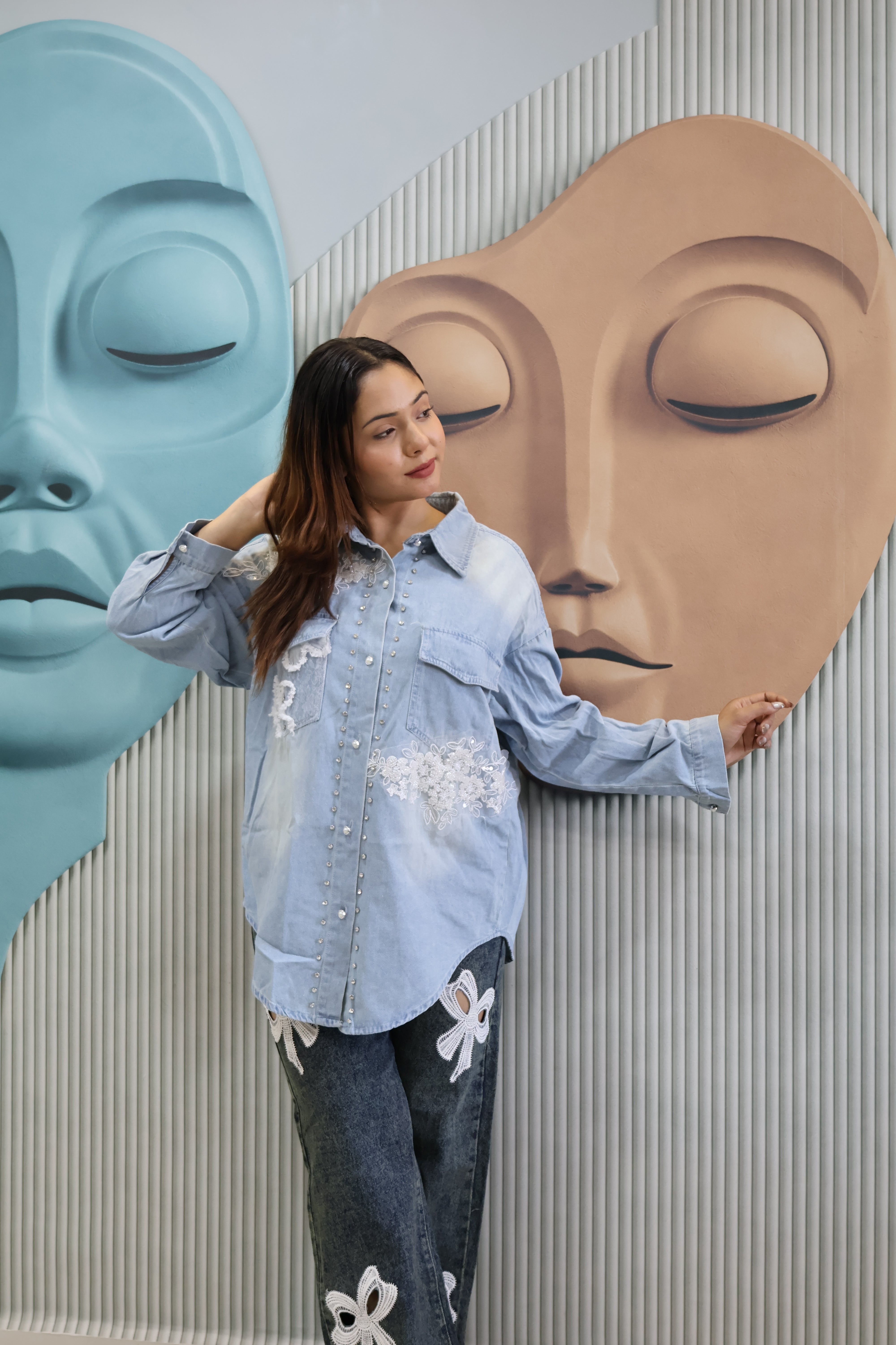 Light Blue Denim Shacket with Lace Applique & Stud Detailing | Jacket-Style Shirt