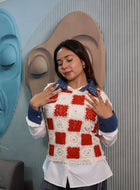 Crochet Patchwork Layered Shirt Top with Denim Collar
