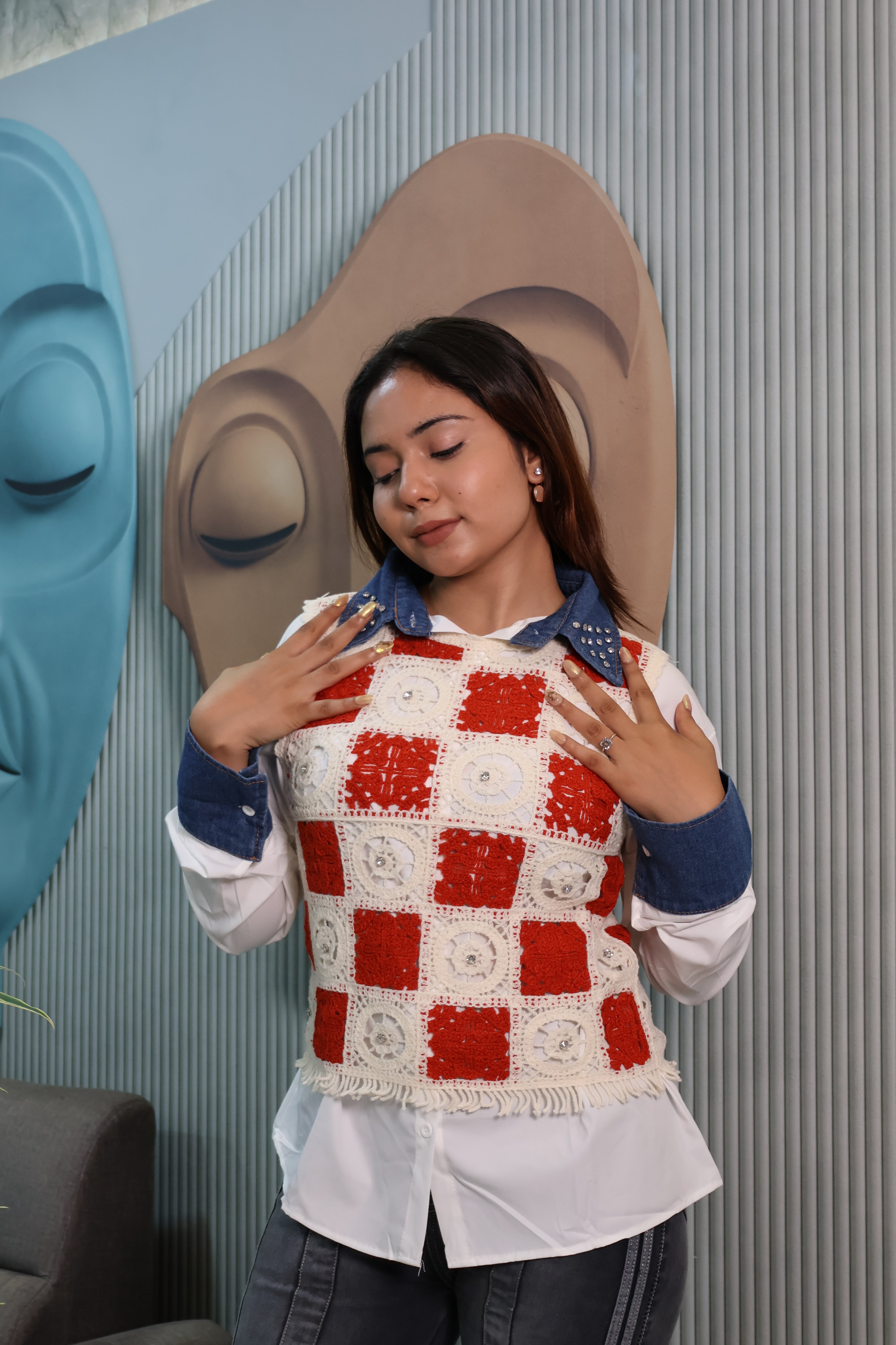 Crochet Patchwork Layered Shirt Top with Denim Collar