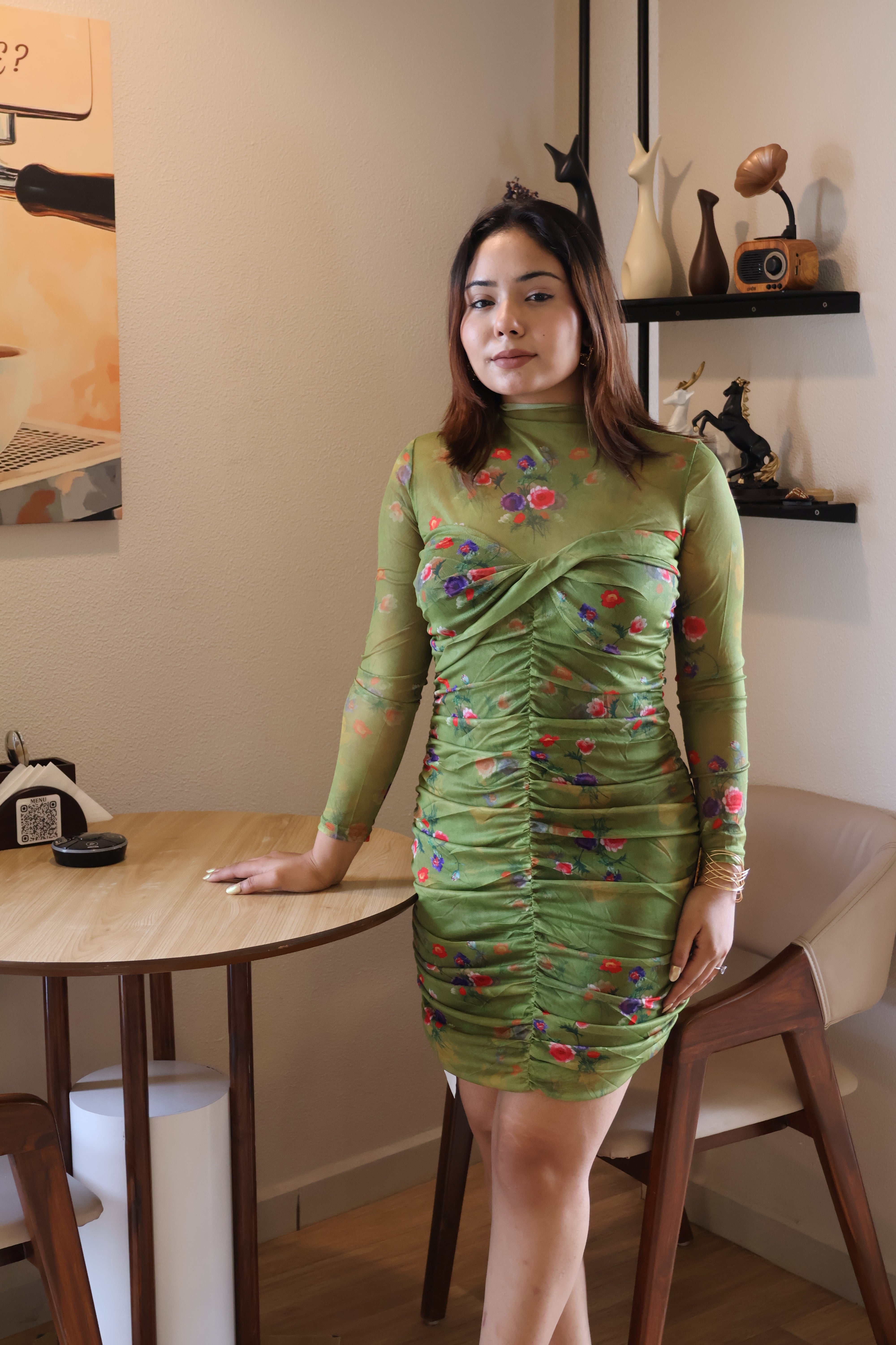 Green Floral Ruched Mesh Bodycon Dress