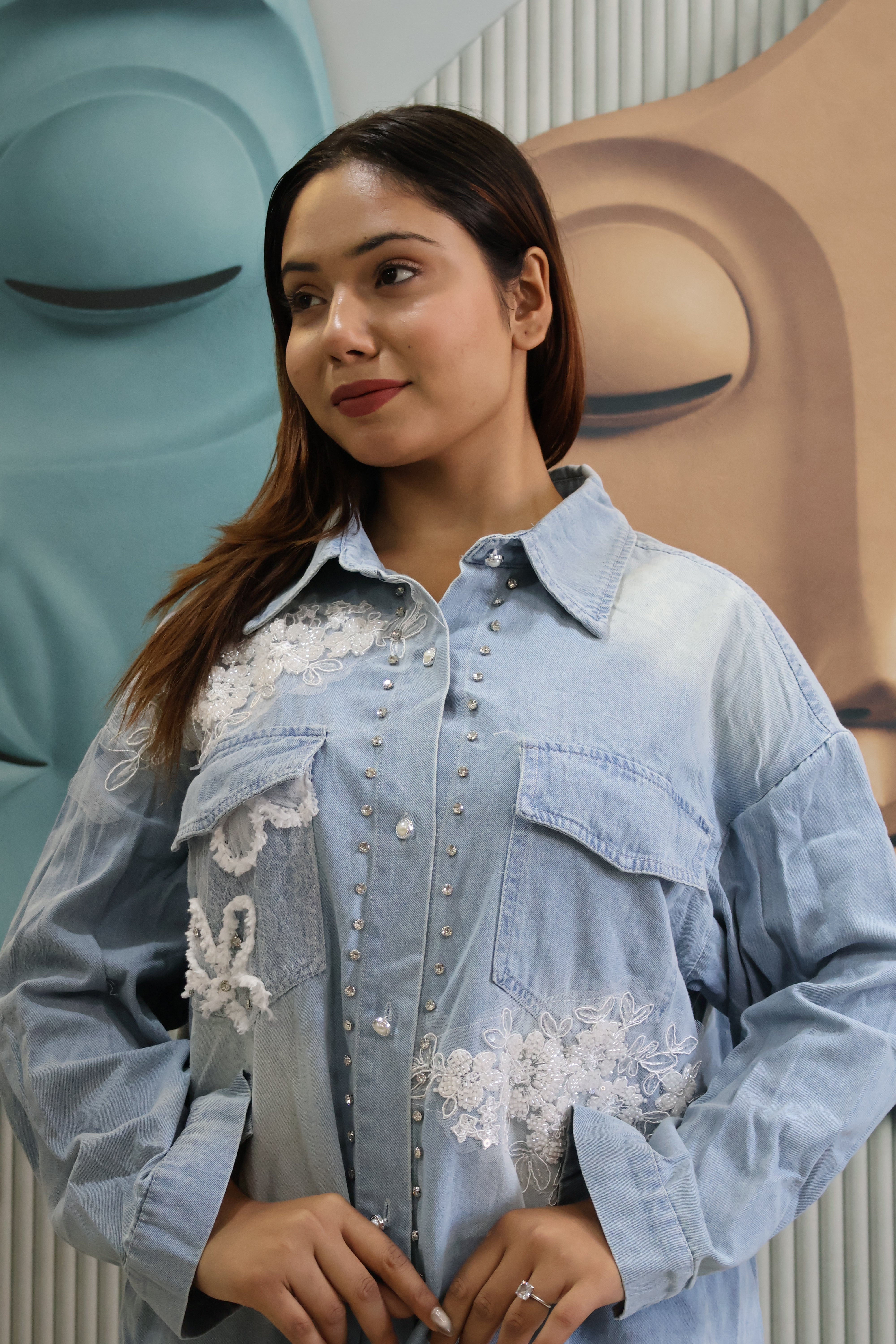 Light Blue Denim Shacket with Lace Applique & Stud Detailing | Jacket-Style Shirt