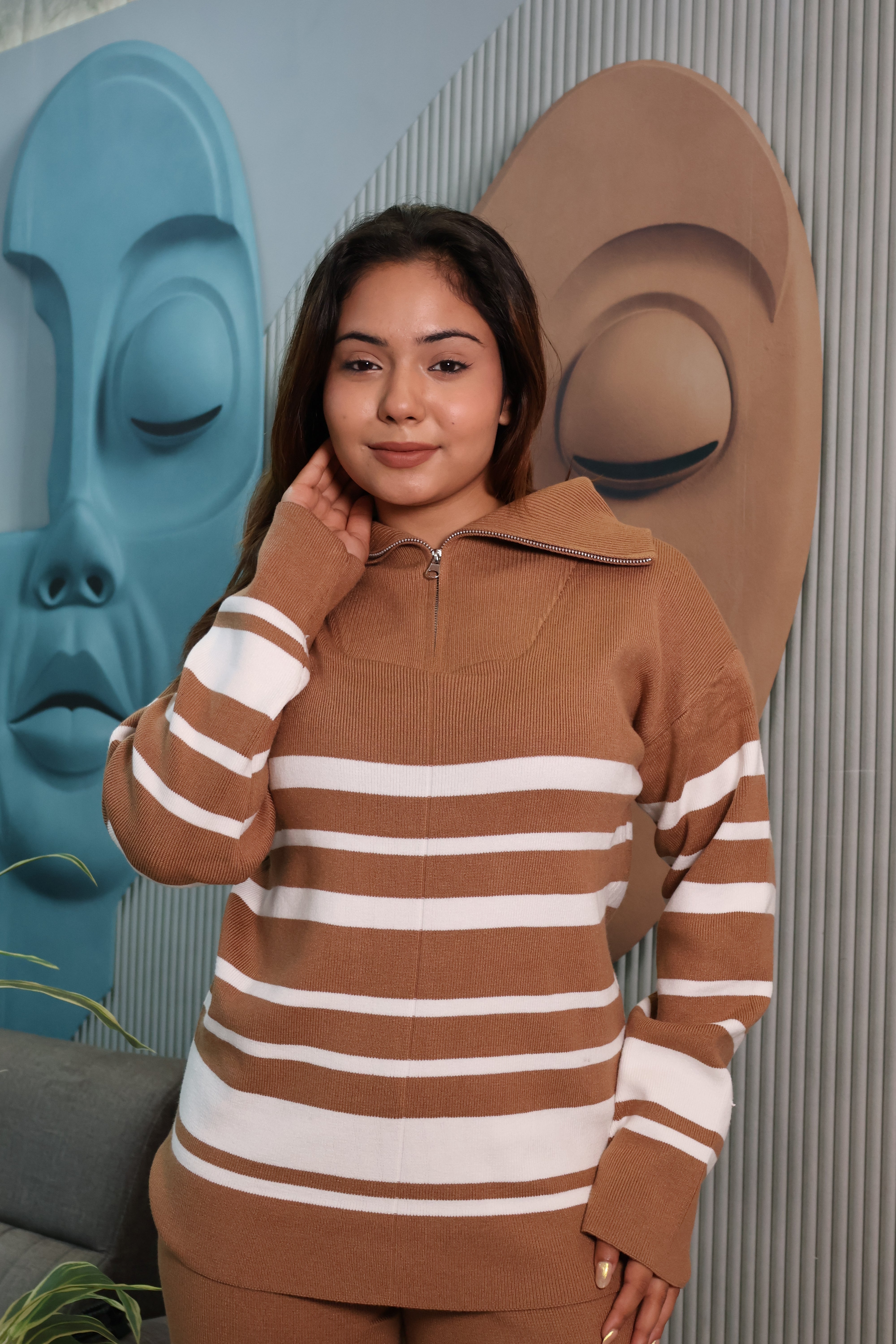 Woolen Knit Co-Ord Set with Striped High Neck Top