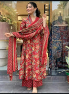 Women's Printed Cotton Anarkali Kurta & Pant With Dupatta Set