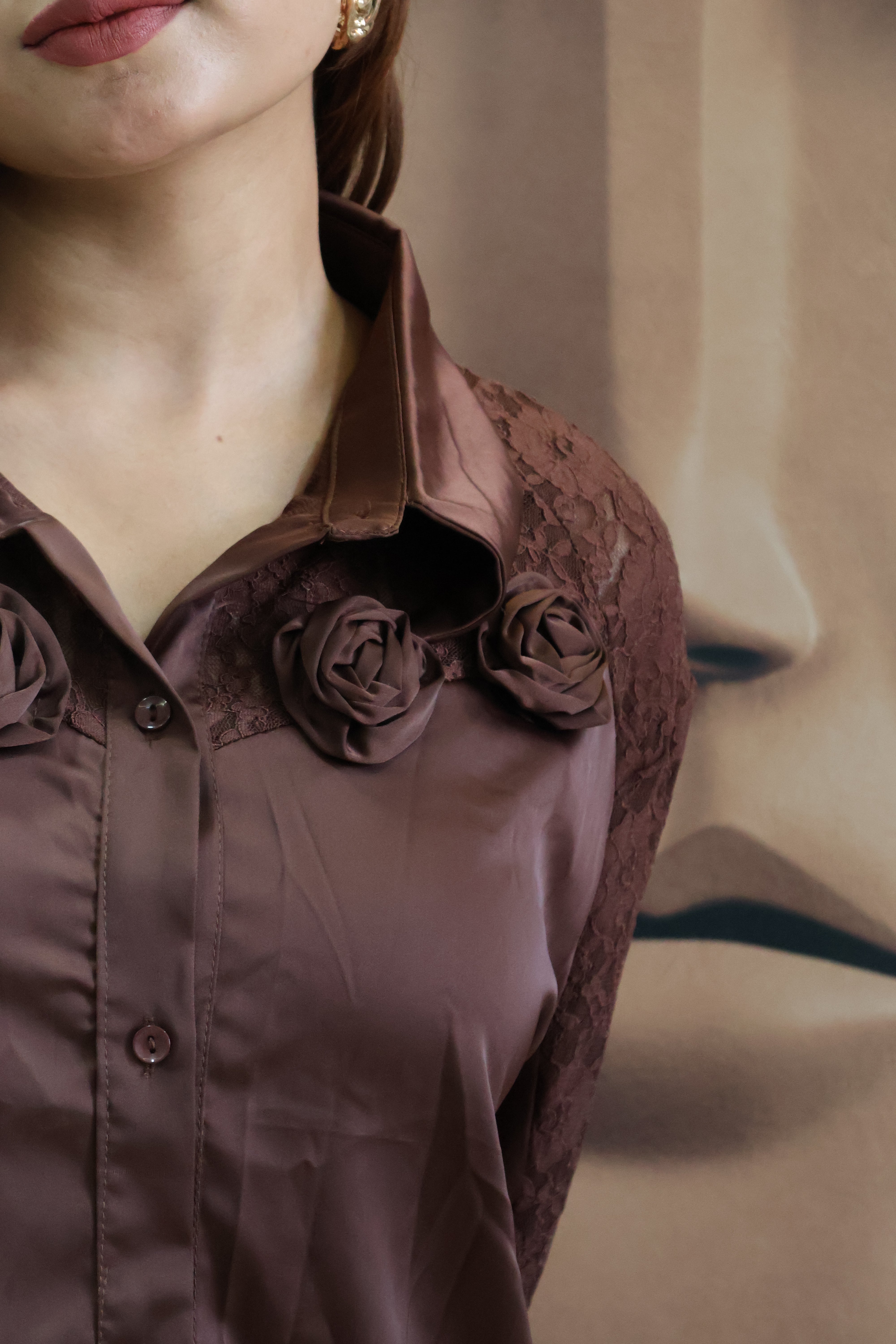 Designer Lace Sleeve Shirt with Floral Appliqué Work
