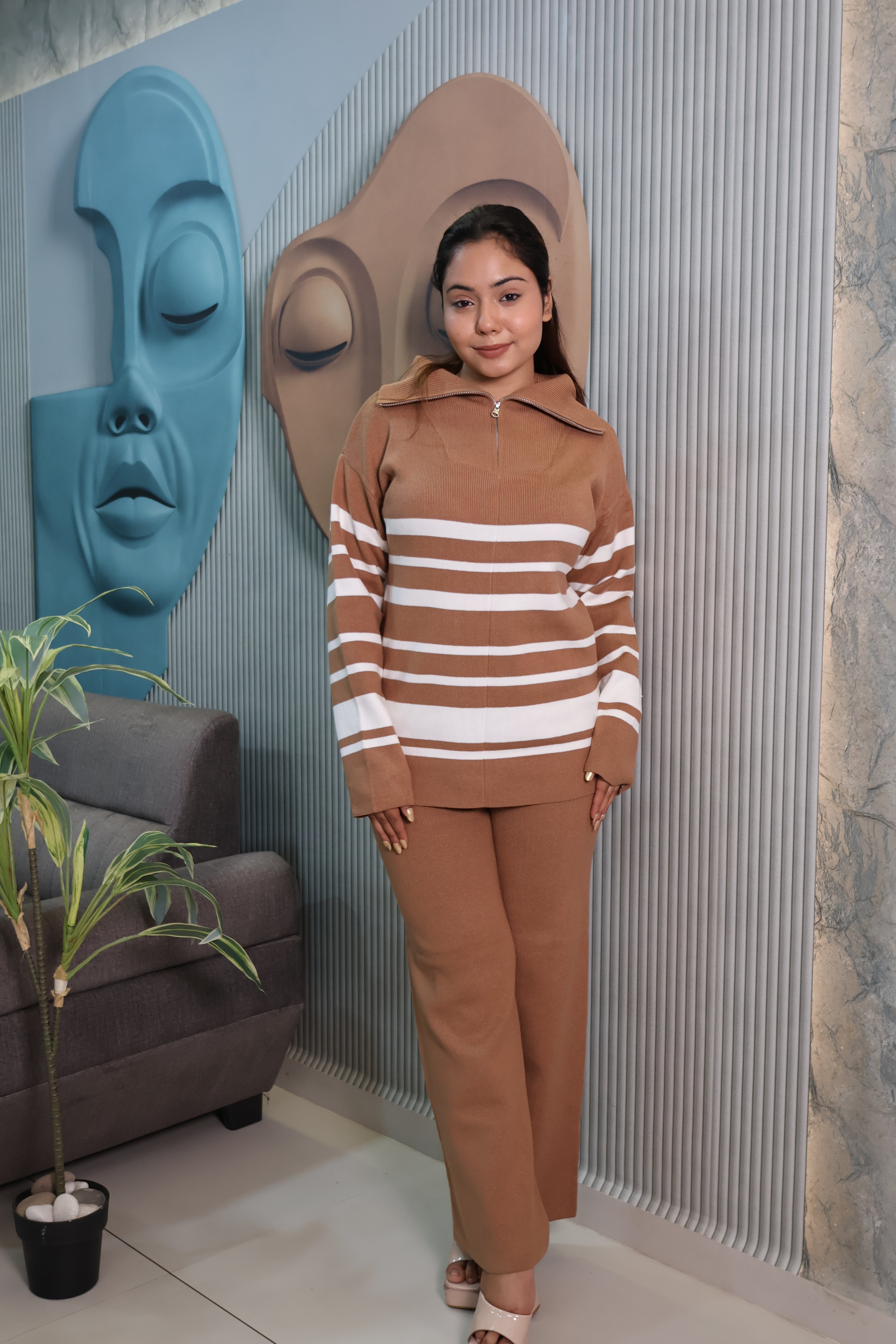 Woolen Knit Co-Ord Set with Striped High Neck Top