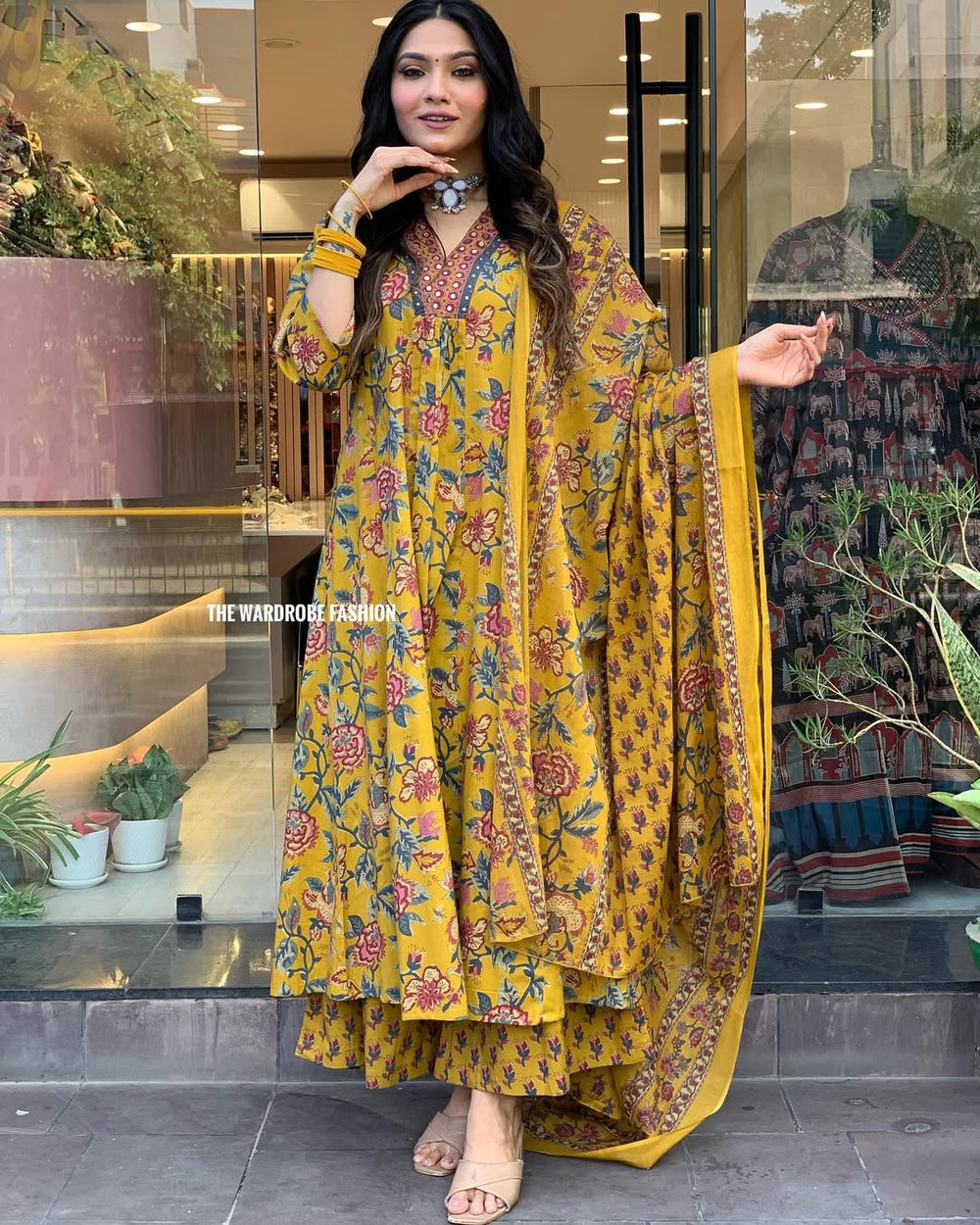 Printed Cotton Anarkali Kurta & Pant With Dupatta Set