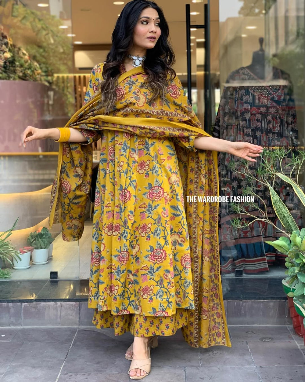 Printed Cotton Anarkali Kurta & Pant With Dupatta Set