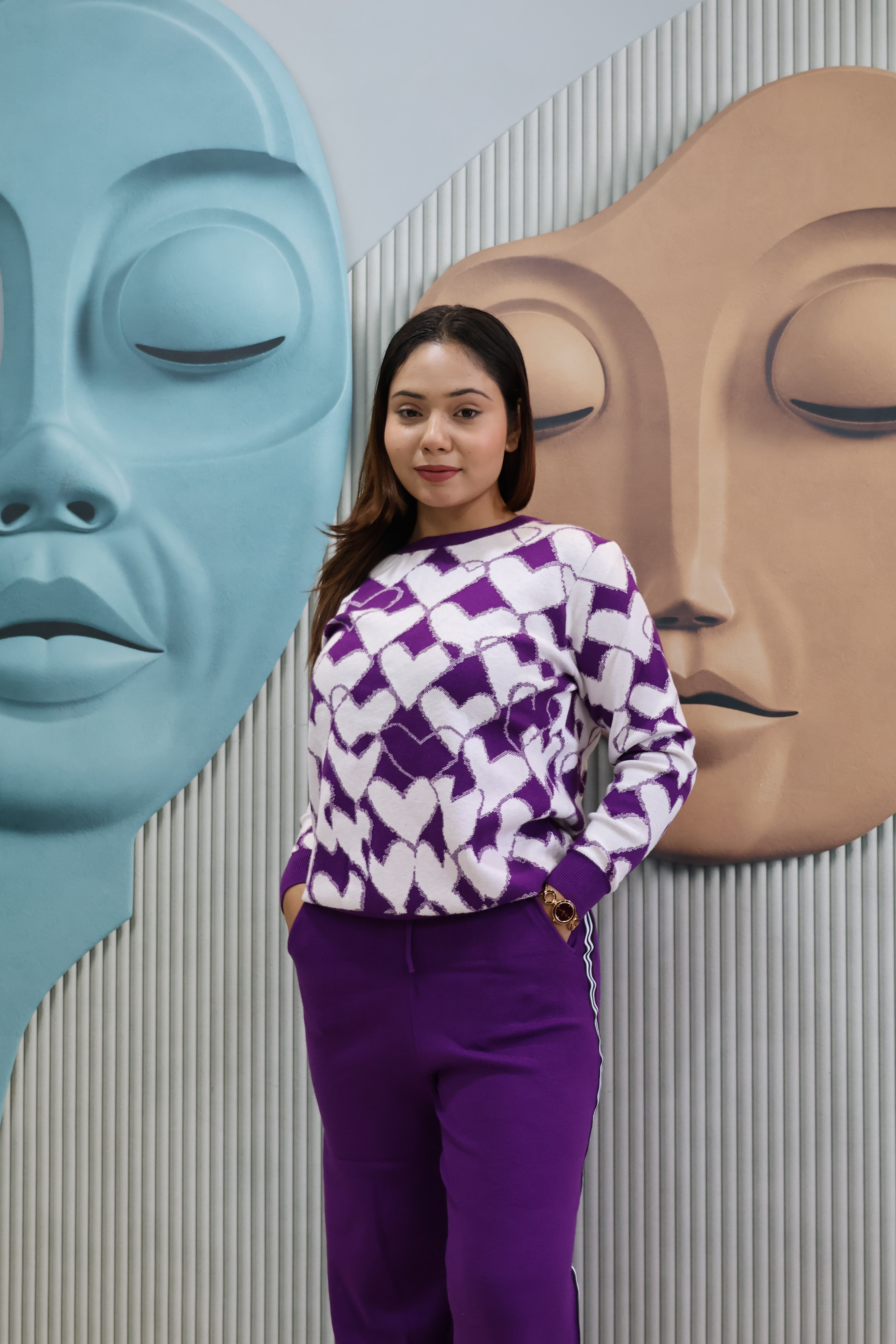 Purple Heart Pattern Knit Co-Ord Set