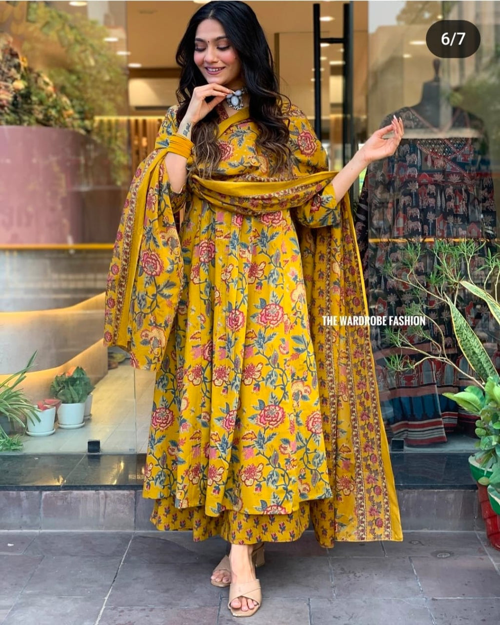 Printed Cotton Anarkali Kurta & Pant With Dupatta Set