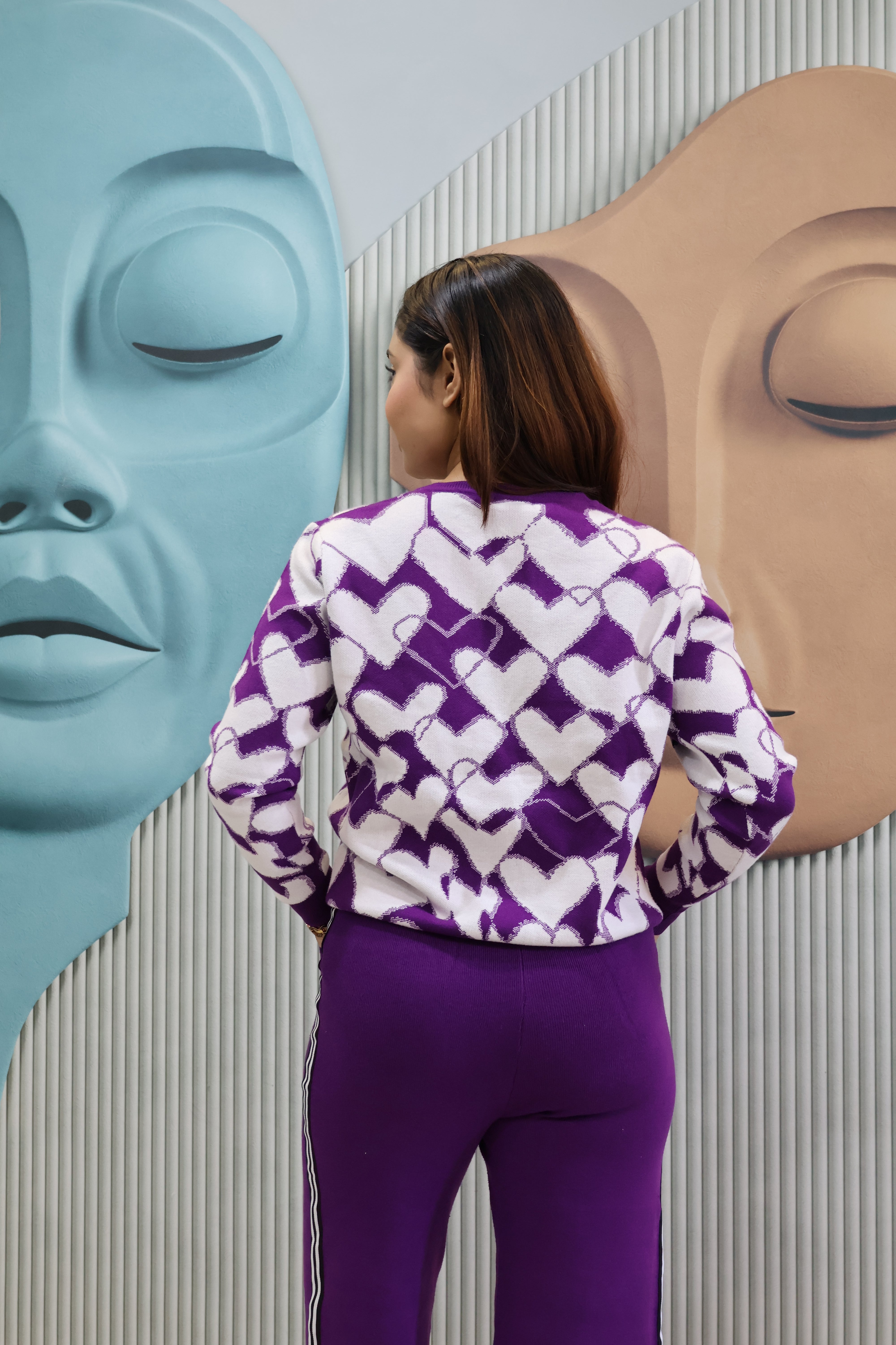 Purple Heart Pattern Knit Co-Ord Set