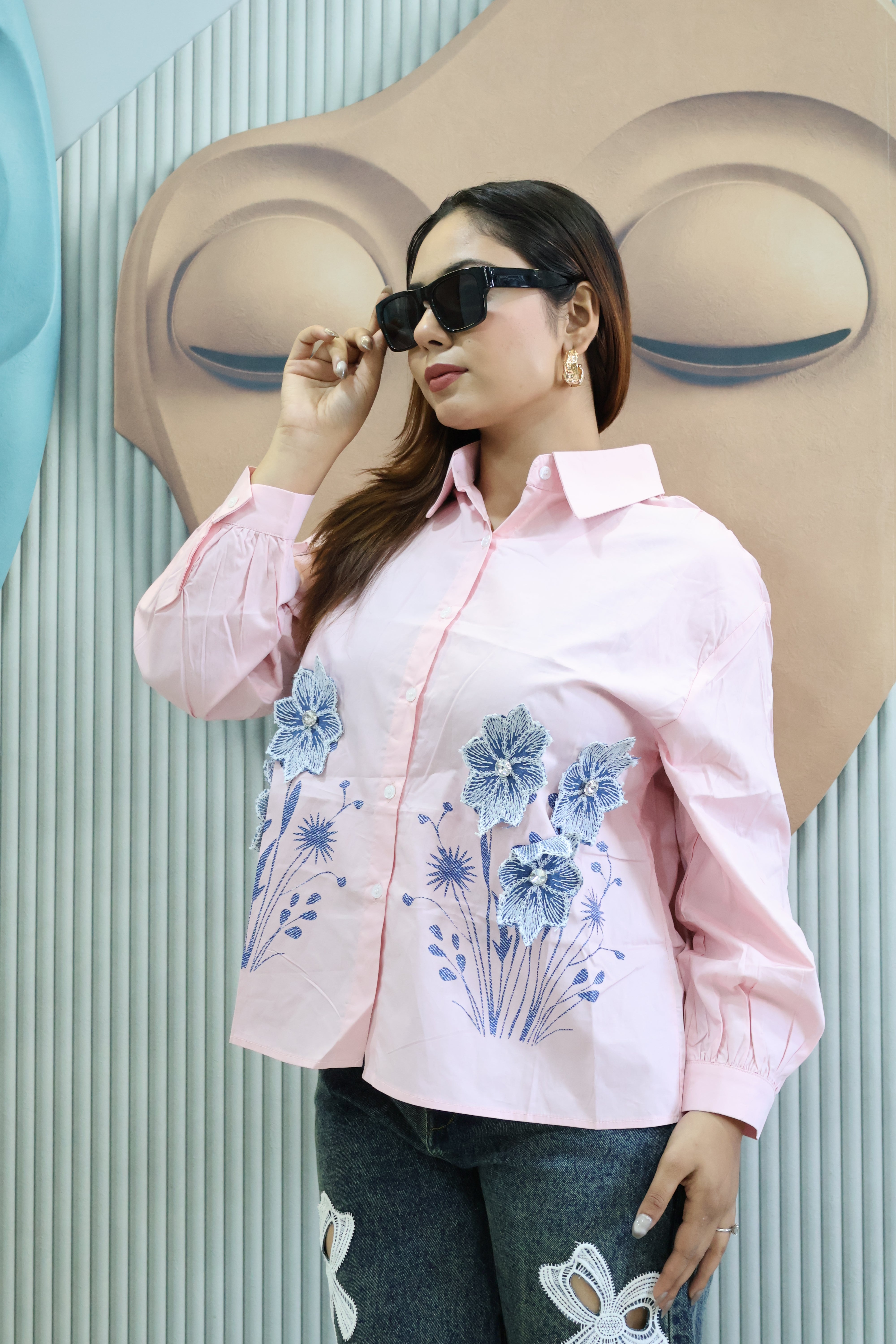 Patch Work Designer Shirt with Stone Detailing