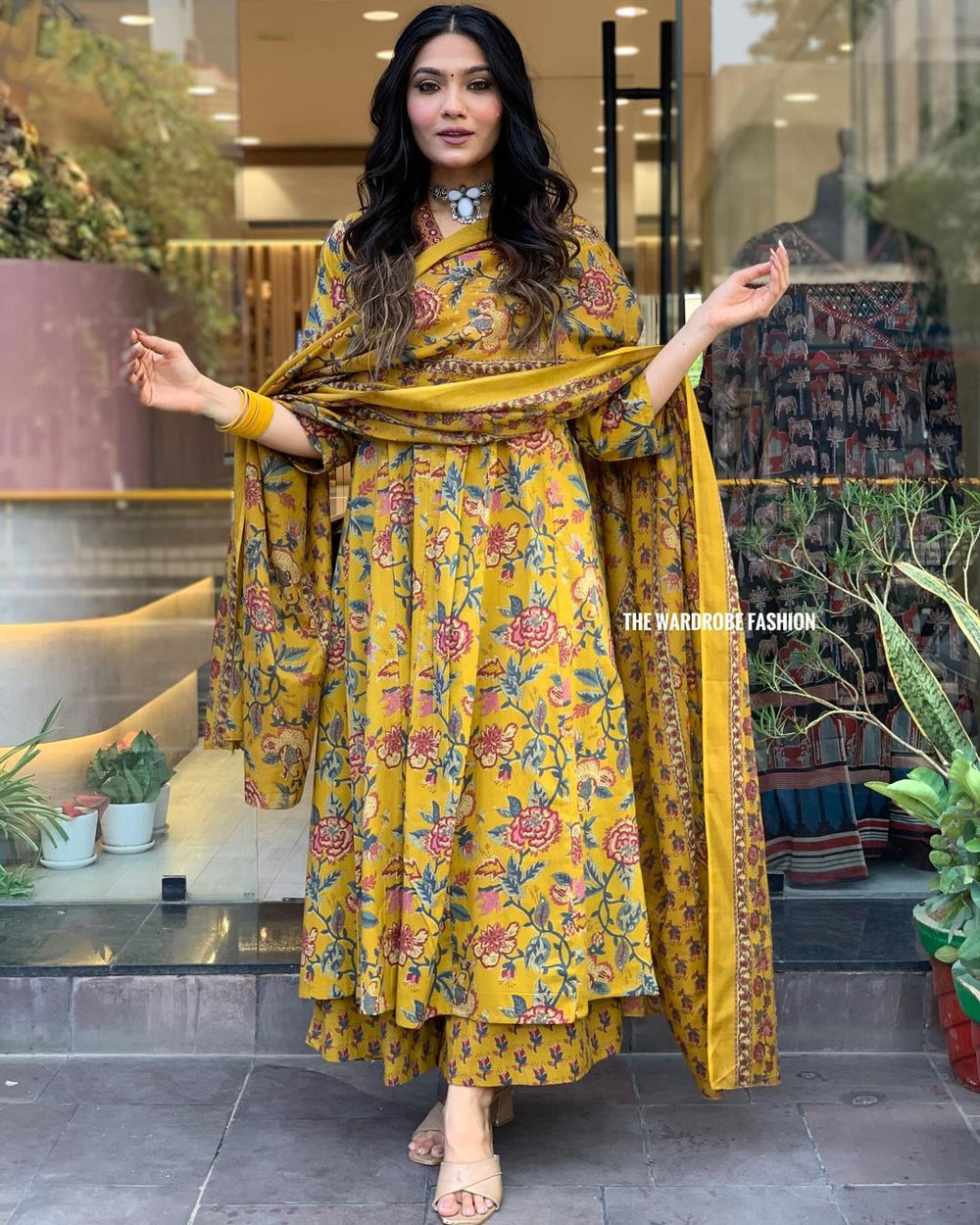 Printed Cotton Anarkali Kurta & Pant With Dupatta Set