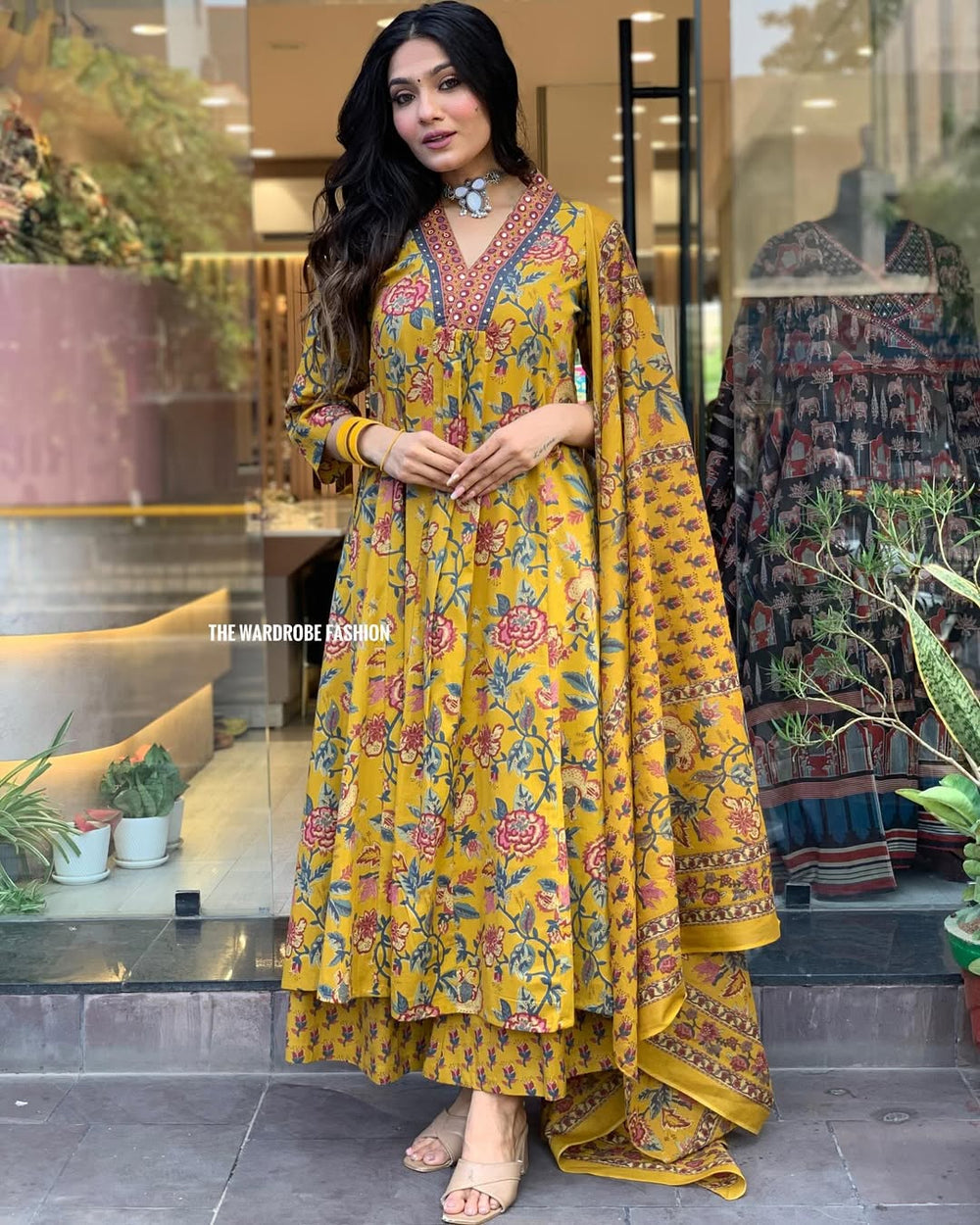 Printed Cotton Anarkali Kurta & Pant With Dupatta Set