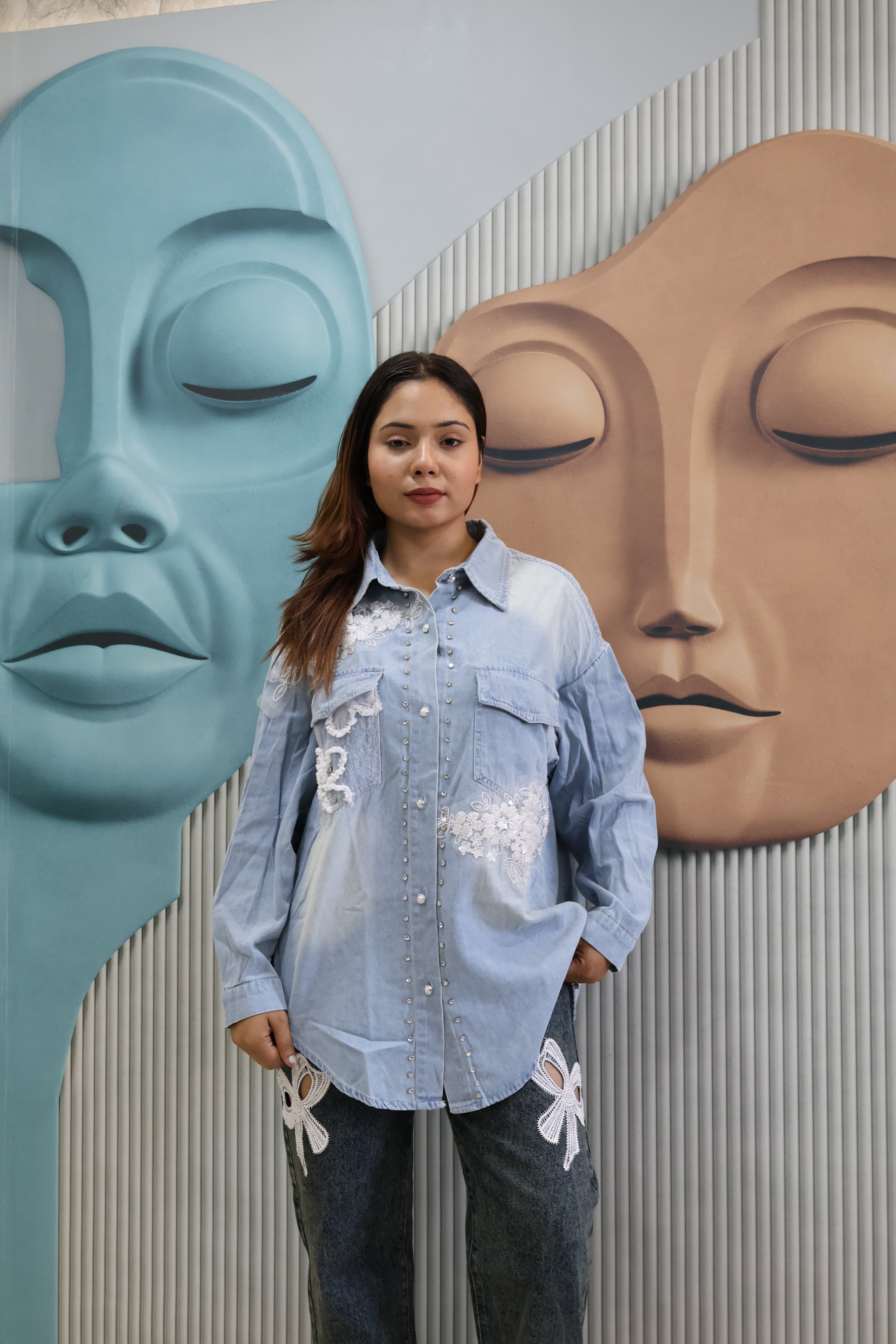 Light Blue Denim Shacket with Lace Applique & Stud Detailing | Jacket-Style Shirt