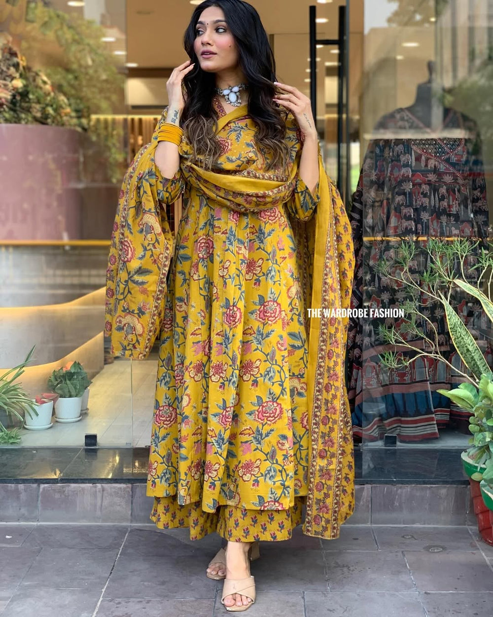 Printed Cotton Anarkali Kurta & Pant With Dupatta Set
