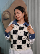 Crochet Patchwork Layered Shirt Top with Denim Collar