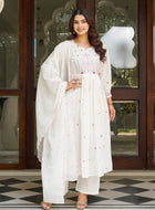 Elegant Embroidered Anarkali Kurta Set with Dupatta – Ivory, Lime Green & Blush Pink