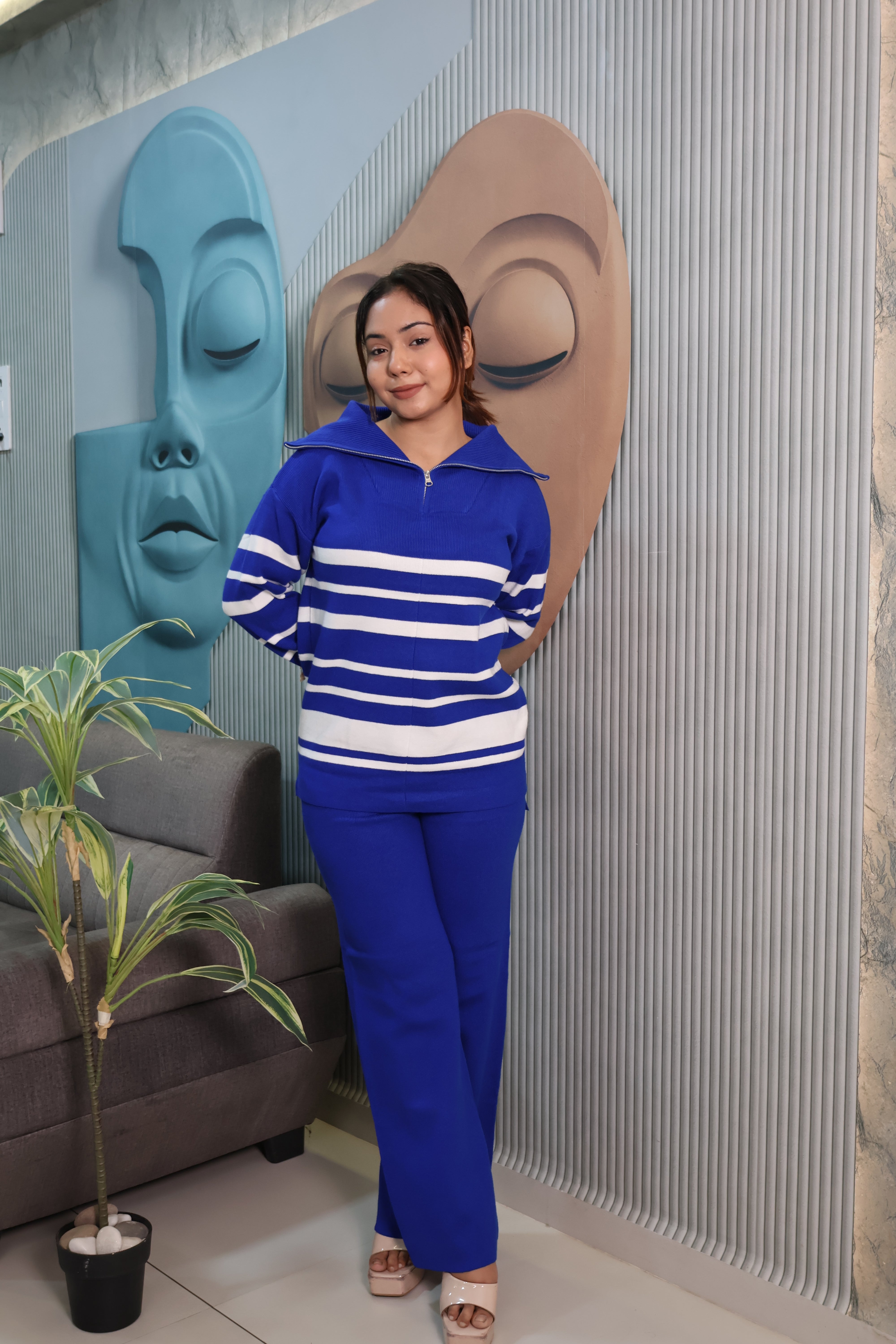 Woolen Knit Co-Ord Set with Striped High Neck Top