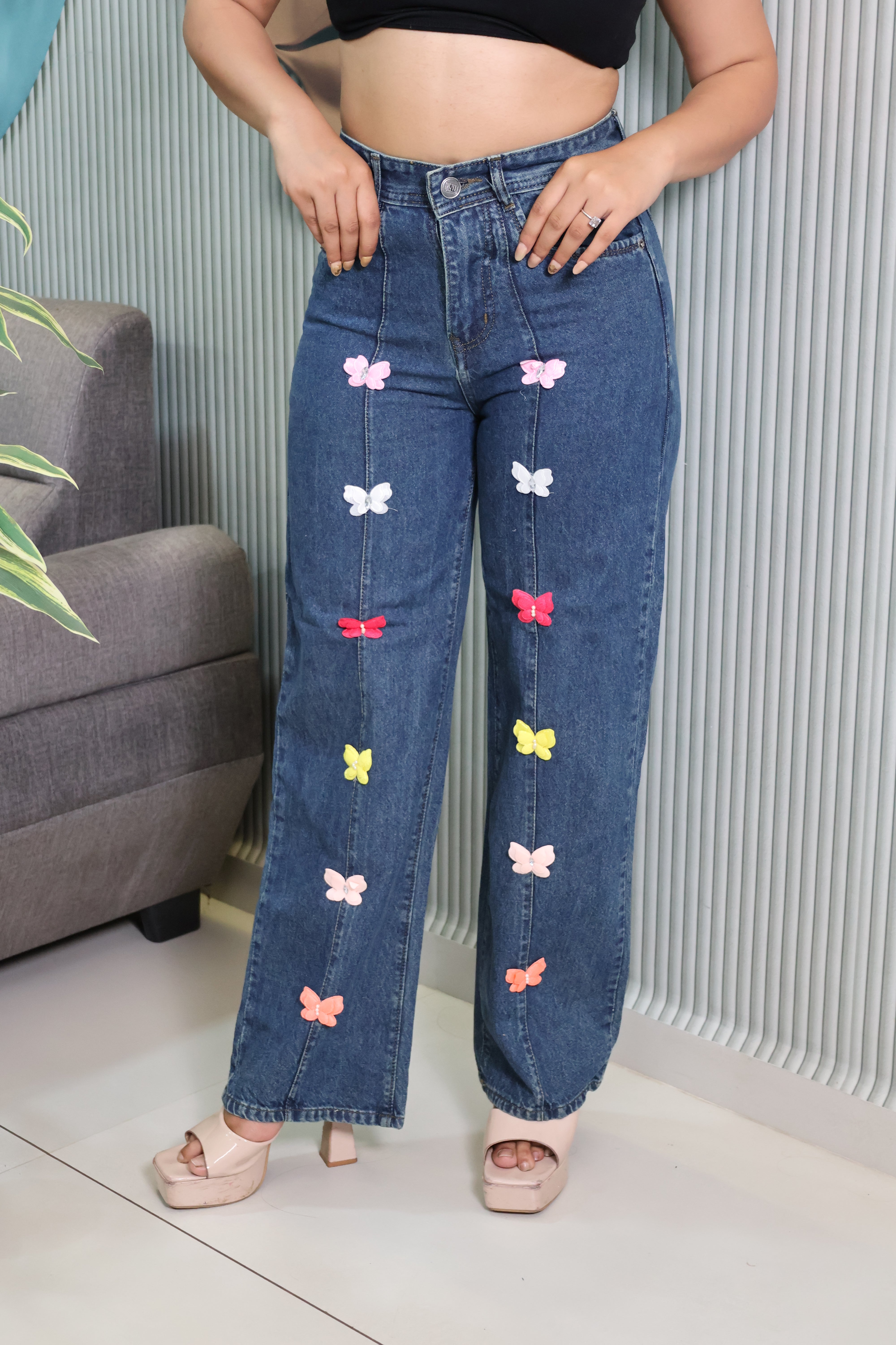 Butterfly Embellished High-Waist Non-Stretch Denim Jeans for Women