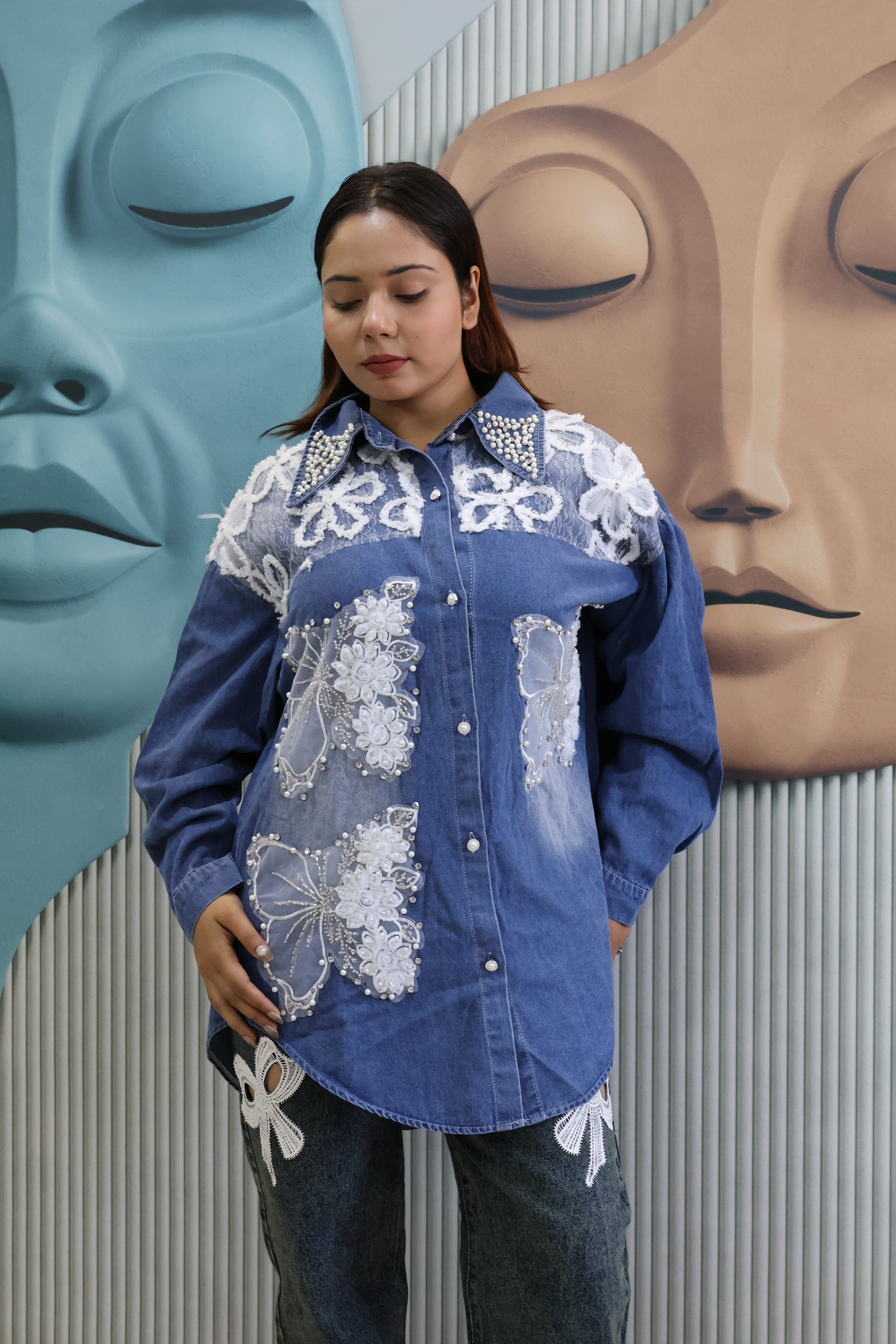 Denim Shacket with Butterfly Applique & Pearl Detailing | Designer Jacket-Style Shirt