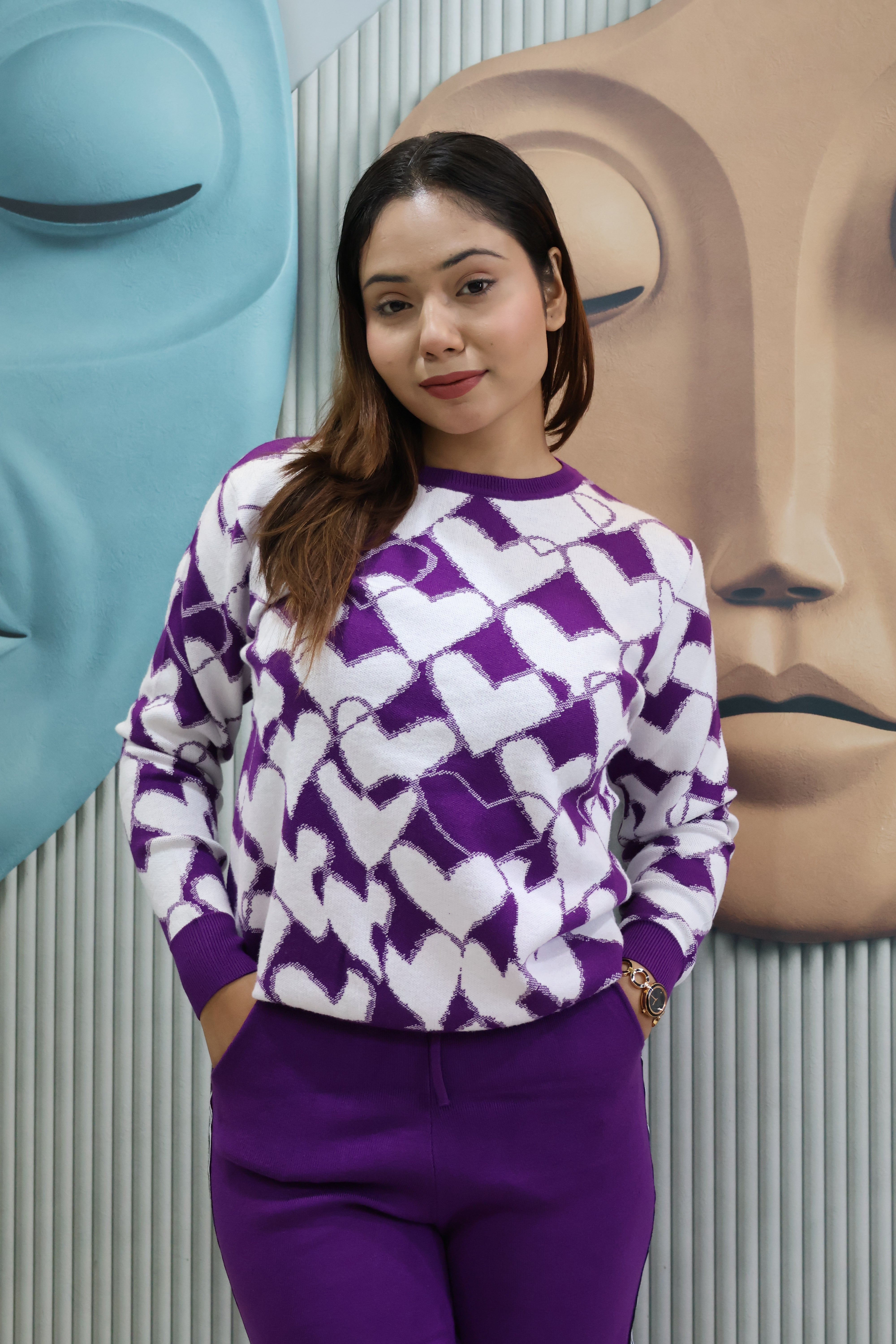 Purple Heart Pattern Knit Co-Ord Set