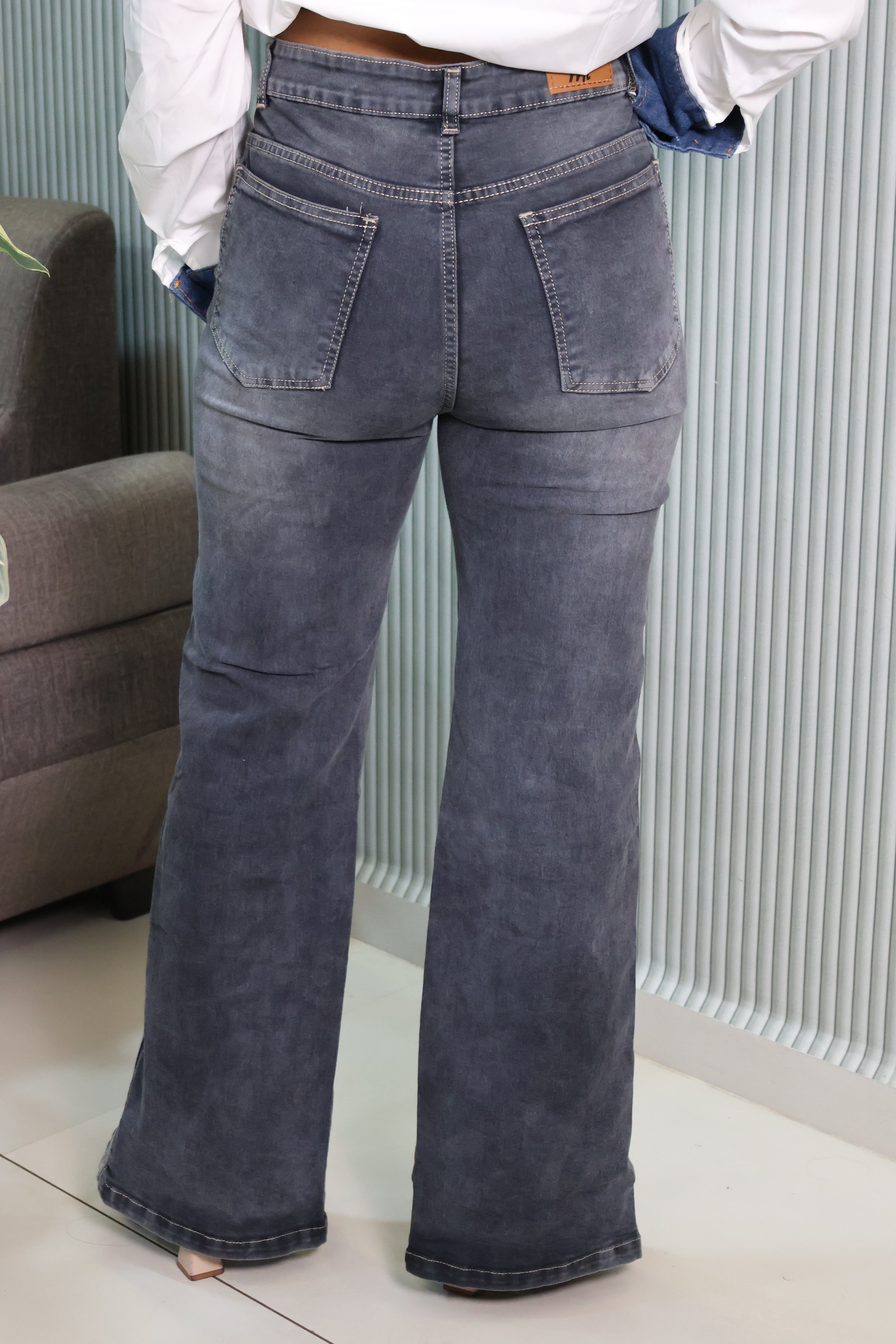 High-Waist Button Detail Straight Fit Stretch Denim – Dark Grey