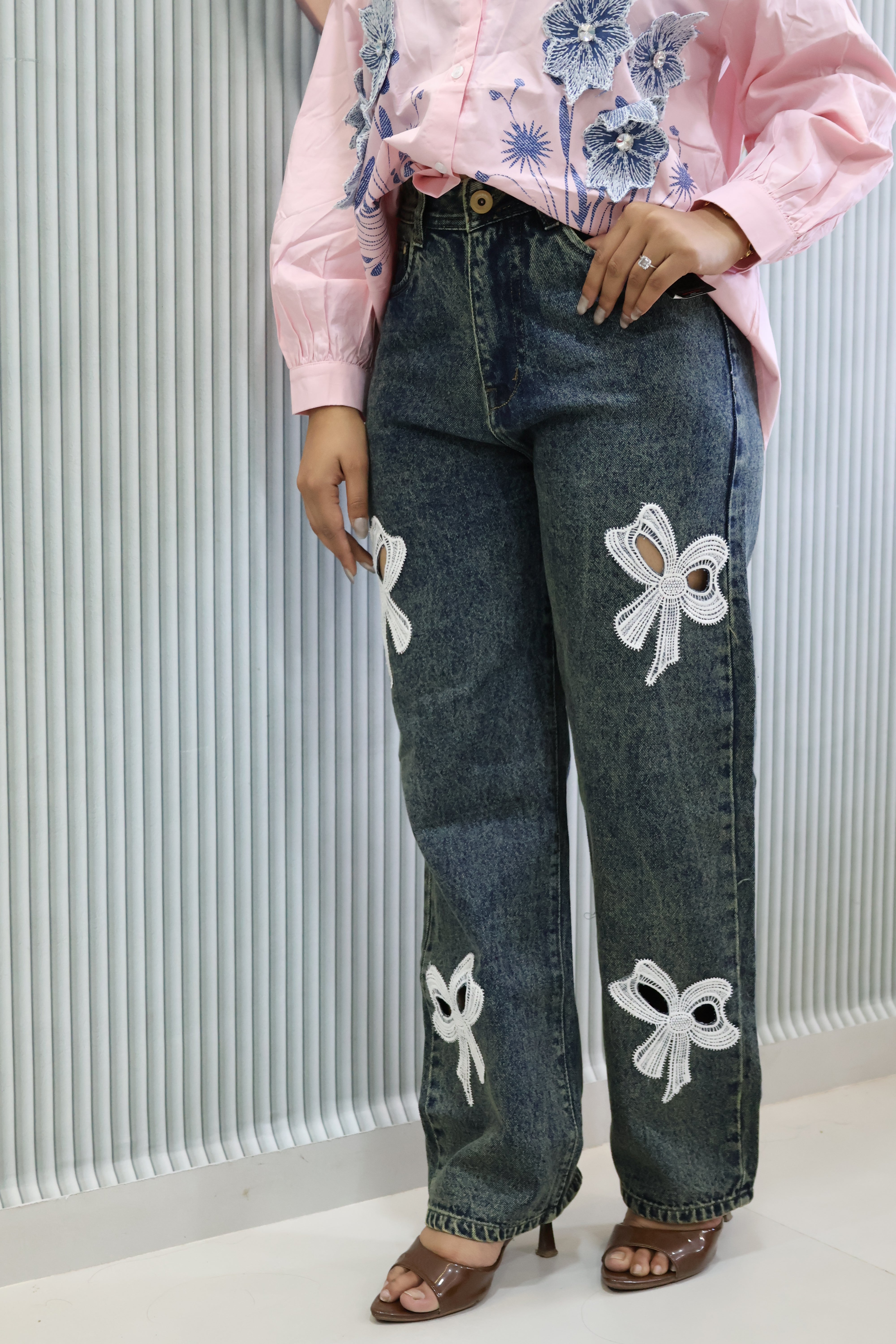High-Waist Relaxed Straight Fit Embroidered Denim – Dark Blue (Non-Stretch)