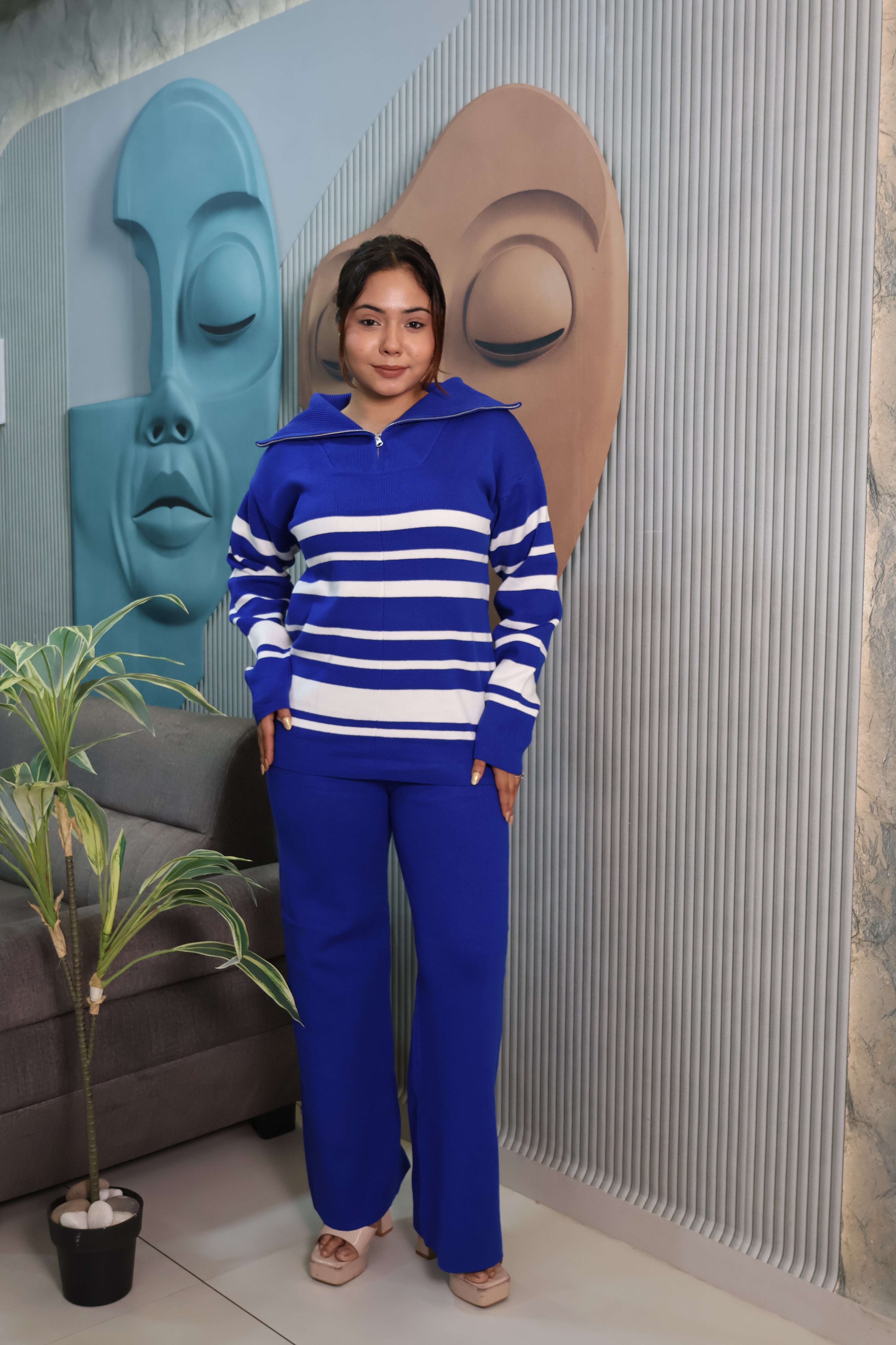 Woolen Knit Co-Ord Set with Striped High Neck Top